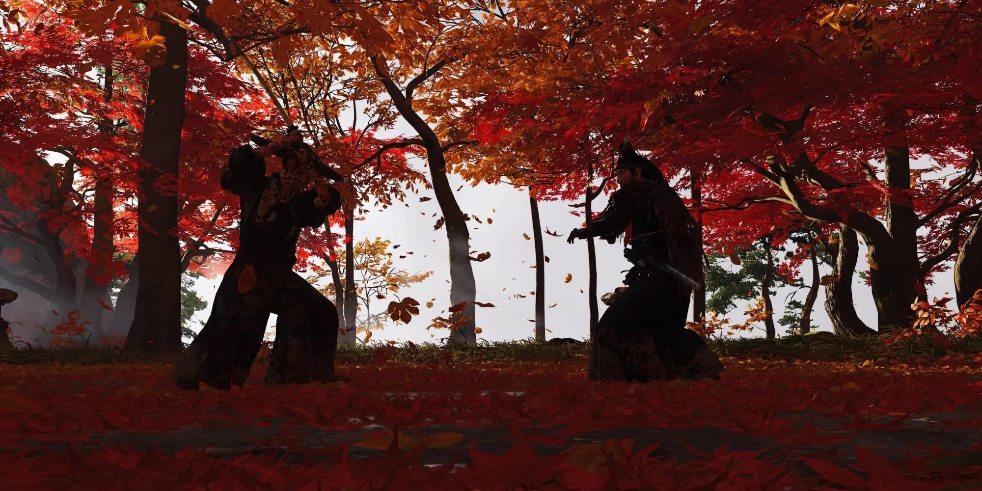Jin Sakai trong Ghost of Tsushima đang giao đấu dưới những chiếc lá rơi tuyệt đẹp