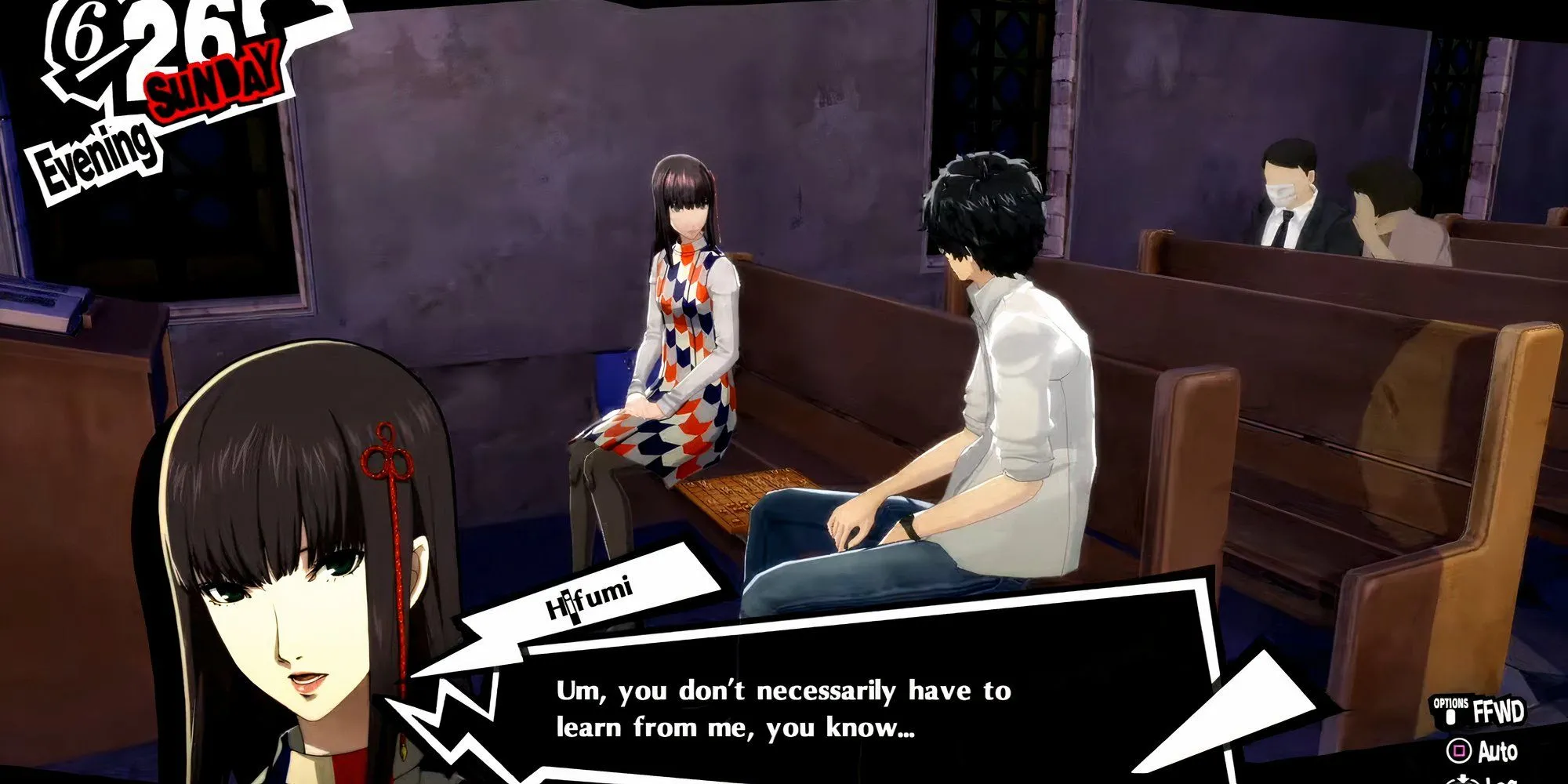 Joker ngỏ lời muốn Hifumi dạy chơi shogi trong Persona 5 Royal tại nhà thờ Kanda