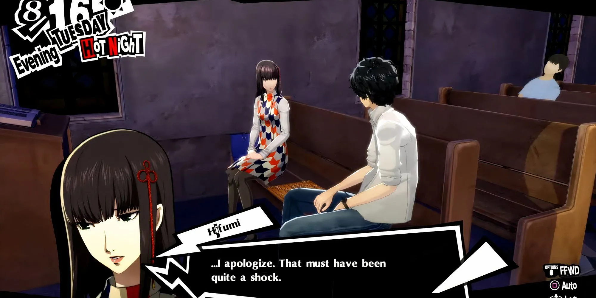 Joker nói chuyện với Hifumi sau khi gặp mẹ cô tại nhà thờ Kanda trong Persona 5 Royal