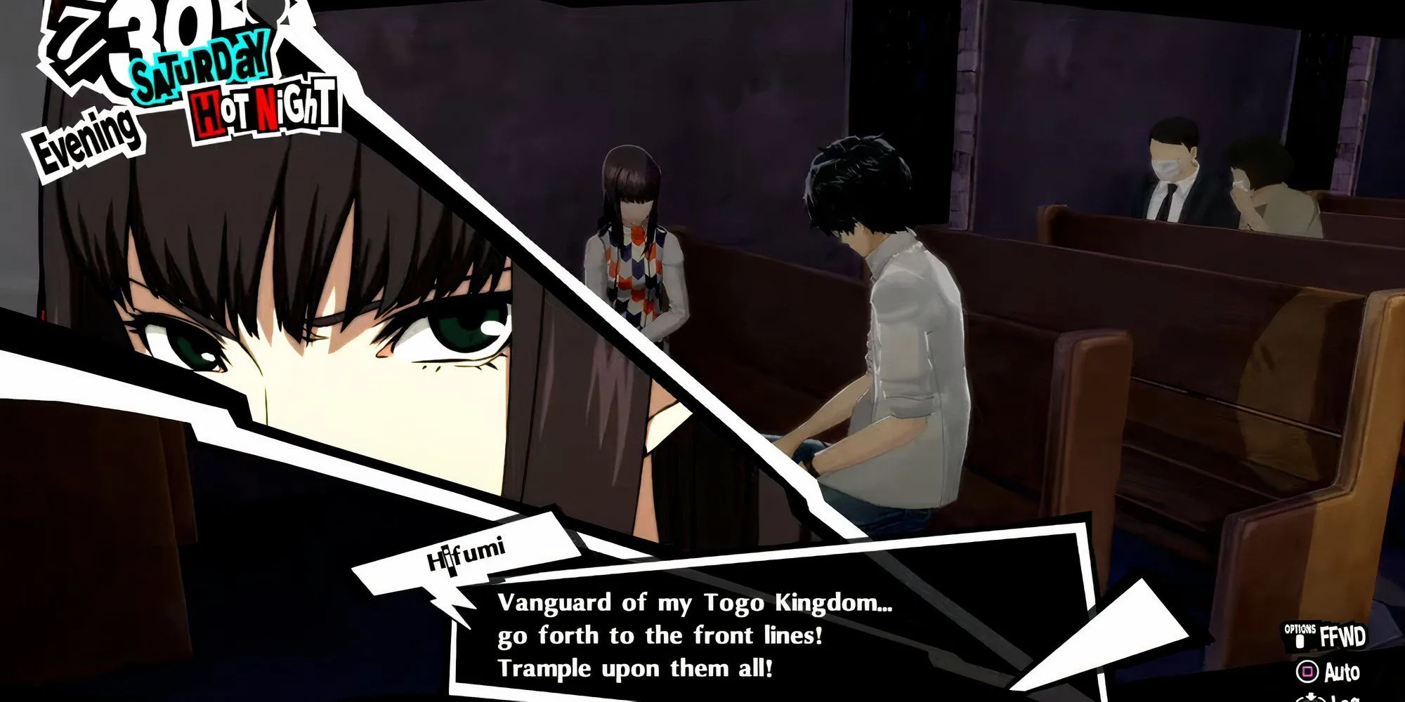 Joker và Hifumi Togo chơi cờ shogi tại nhà thờ Kanda trong Persona 5 Royal