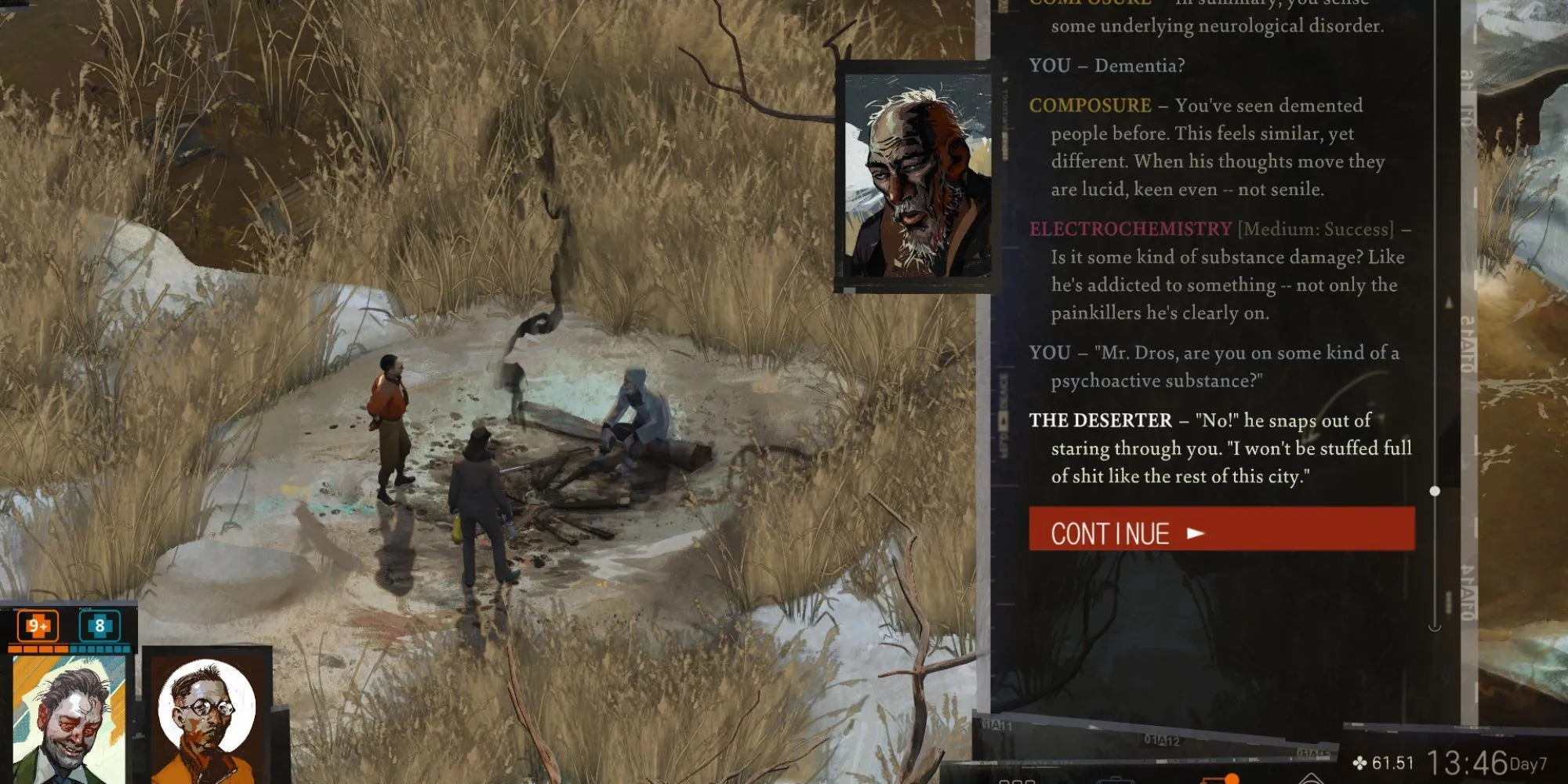 Kẻ Đào Ngũ Iosef Lilianovich Dros trong Disco Elysium ngồi trên ghế với khẩu súng trường