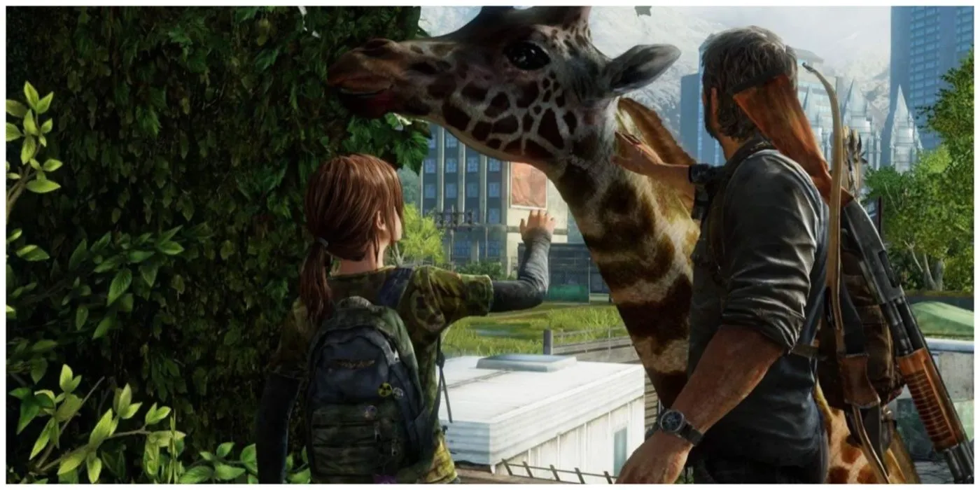 Khoảnh khắc Joel và Ellie cho hươu cao cổ ăn trong The Last of Us Part 1, biểu tượng cho sự phát triển của game tại Naughty Dog