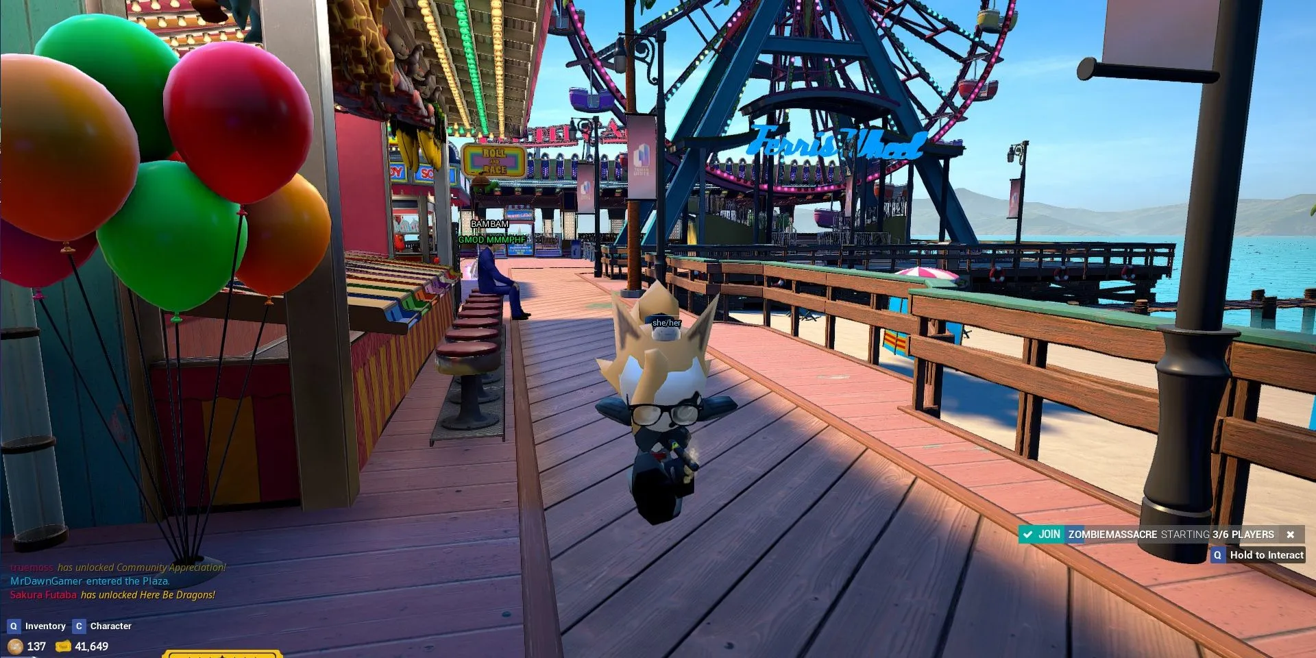 Khu vực Boardwalk sôi động trong Tower Unite với các avatar độc đáo của người chơi
