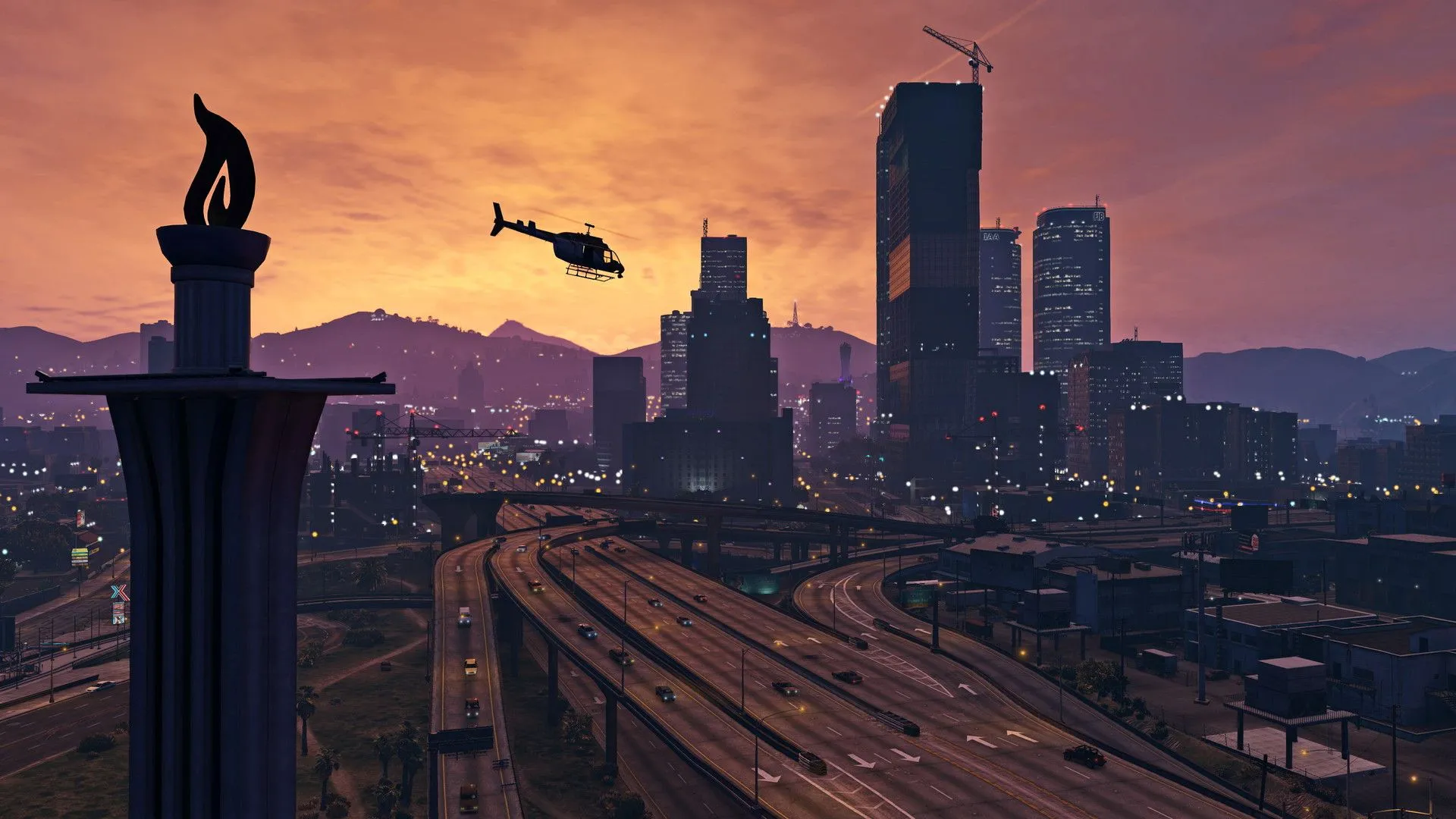 Khung cảnh hoàng hôn tuyệt đẹp của Los Santos từ trực thăng trong GTA 5