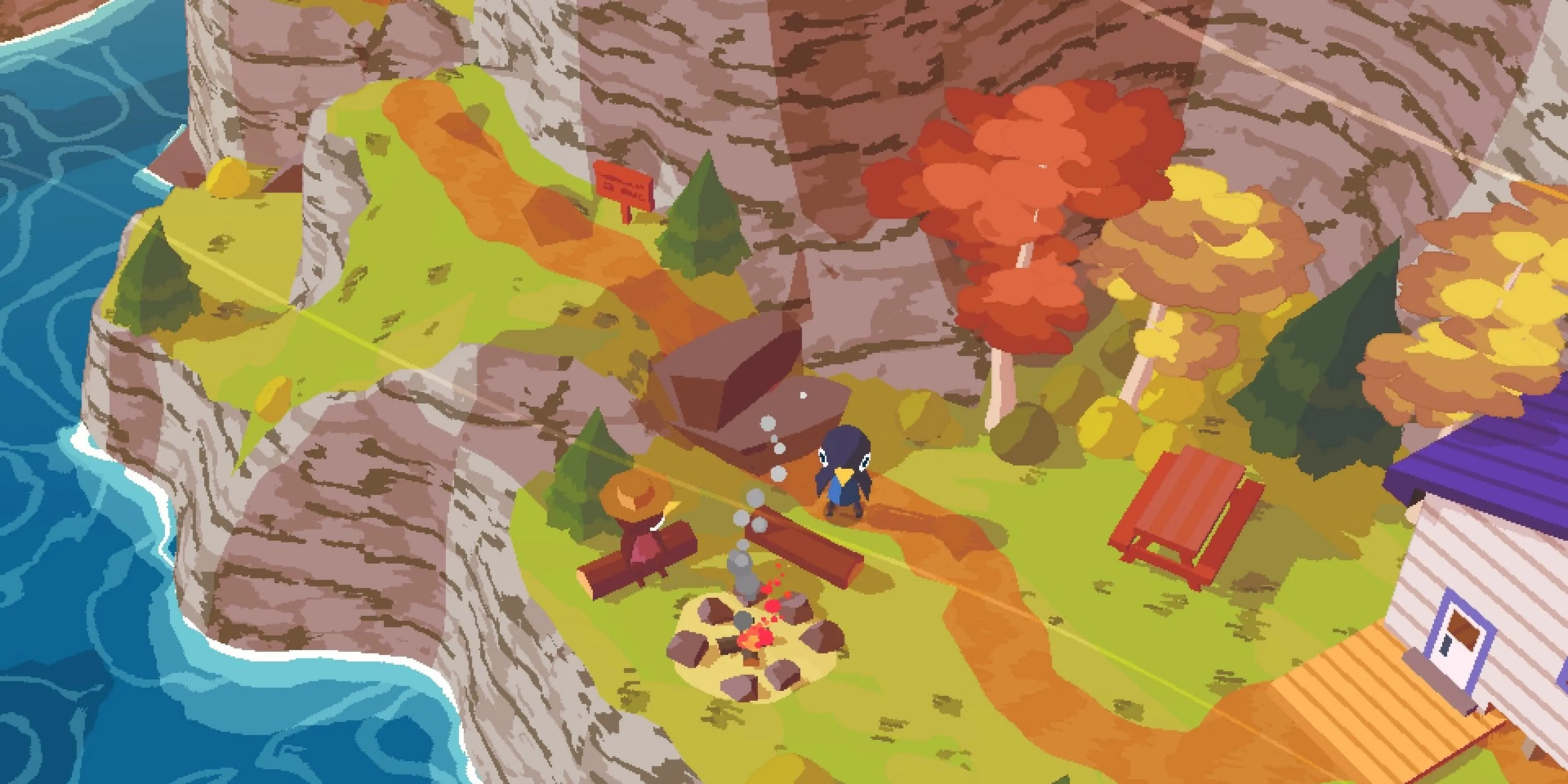 Khung cảnh khởi đầu của game A Short Hike với nhân vật Claire đứng gần biển báo