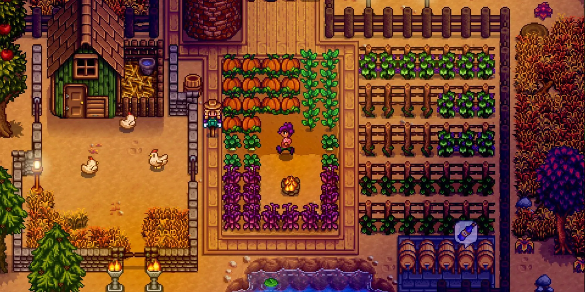 Khung cảnh nông trại Stardew Valley nơi người chơi có thể nấu ăn từ nông sản thu hoạch