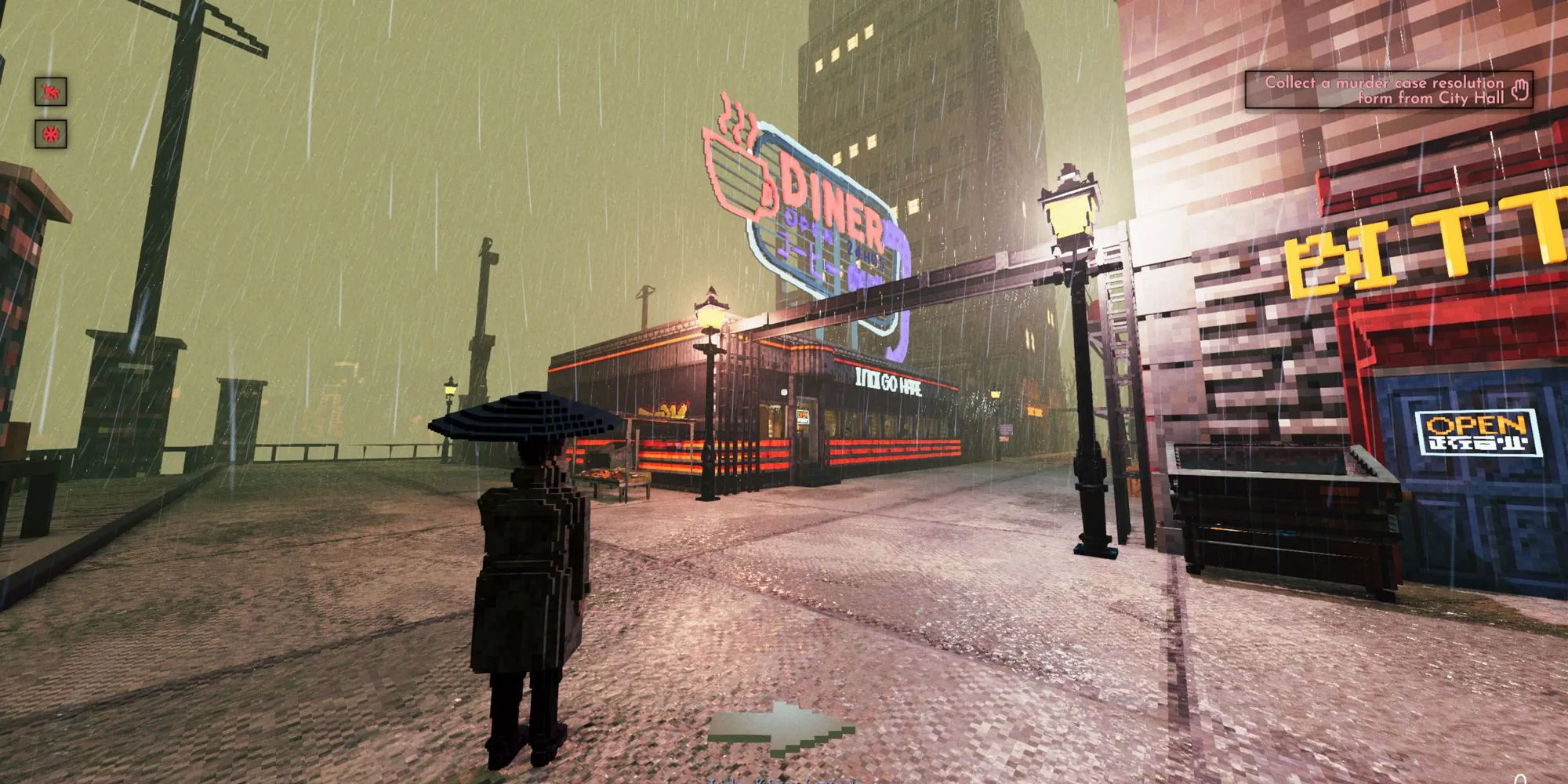 Khung cảnh thành phố mưa đêm theo phong cách voxel trong Shadows of Doubt