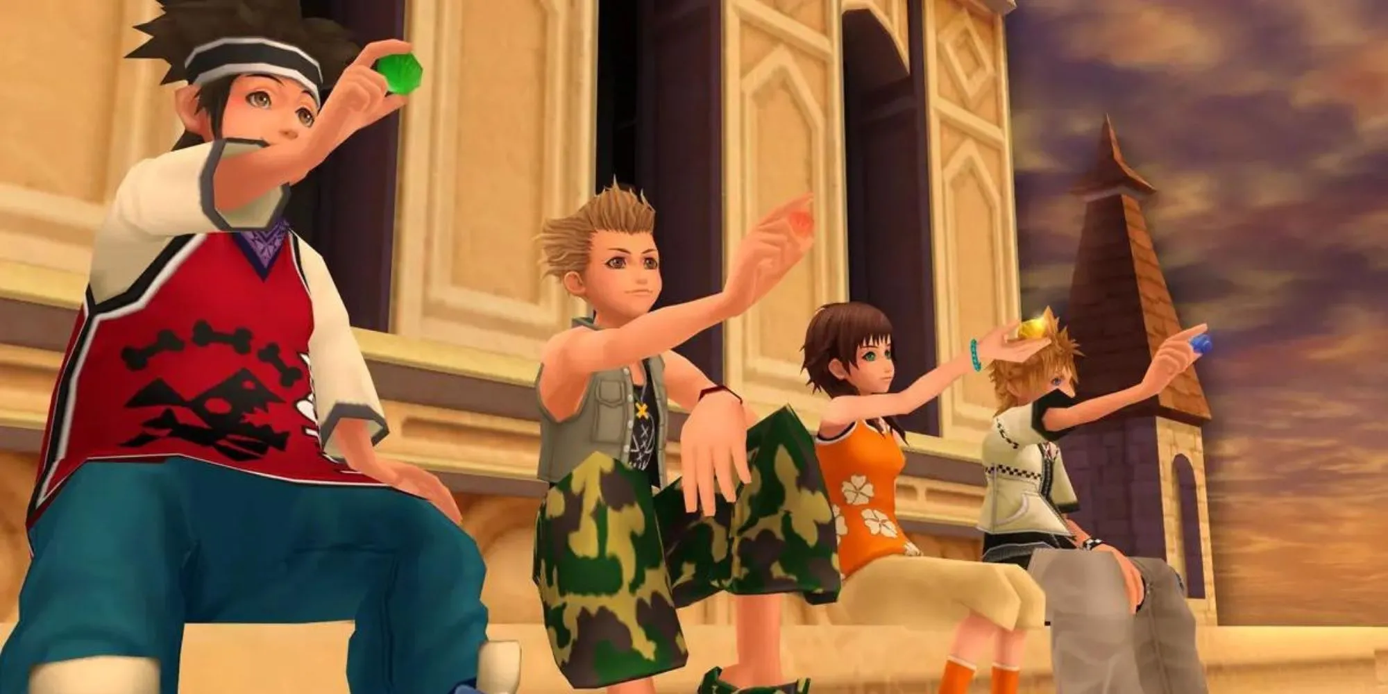 Khung cảnh Thị trấn Hoàng Hôn trong Kingdom Hearts 2 với ánh chiều tà lãng mạn.