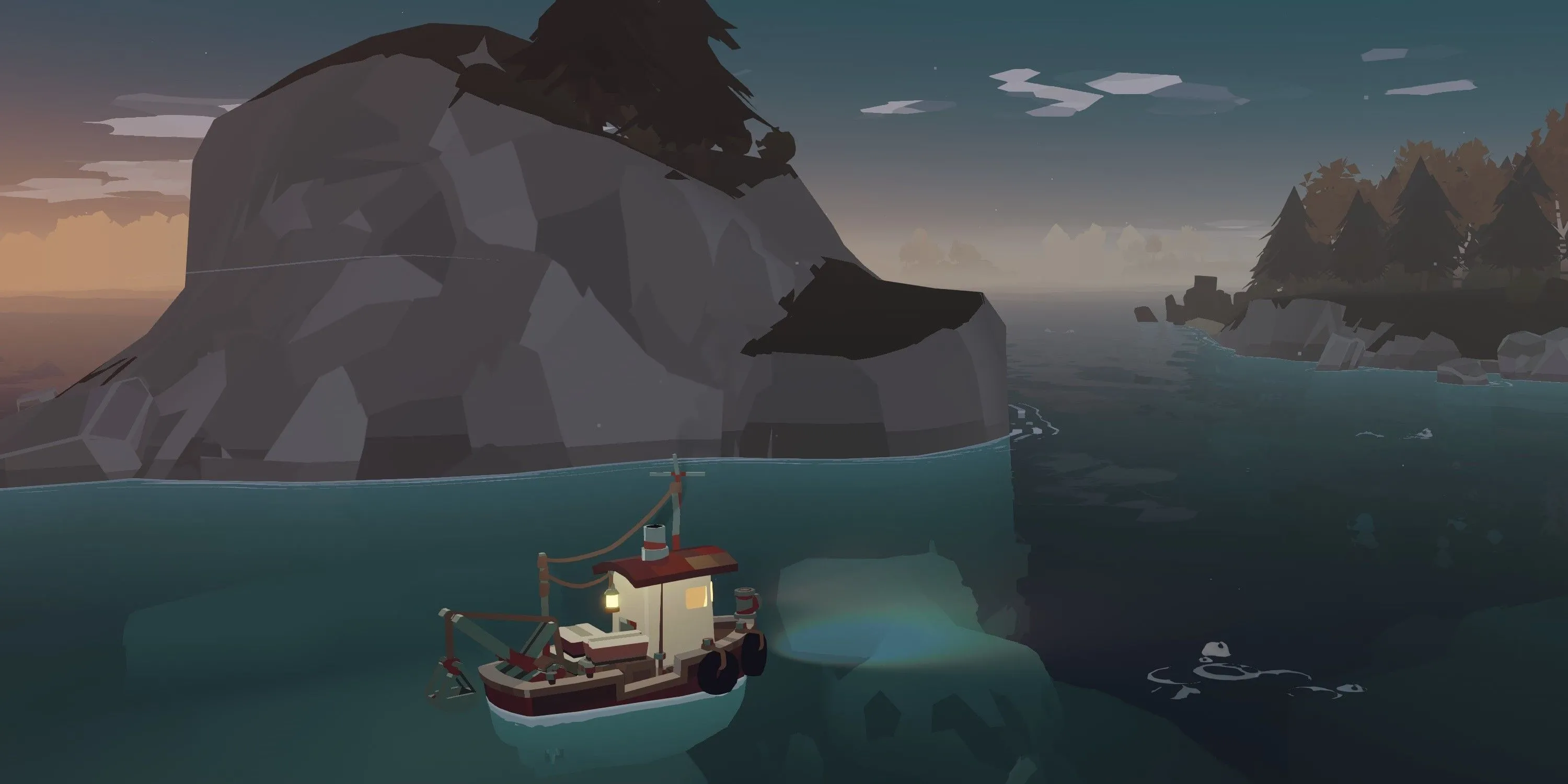 Khung cảnh thuyền đánh cá đơn độc trên biển lúc chiều tà trong thế giới game Dredge