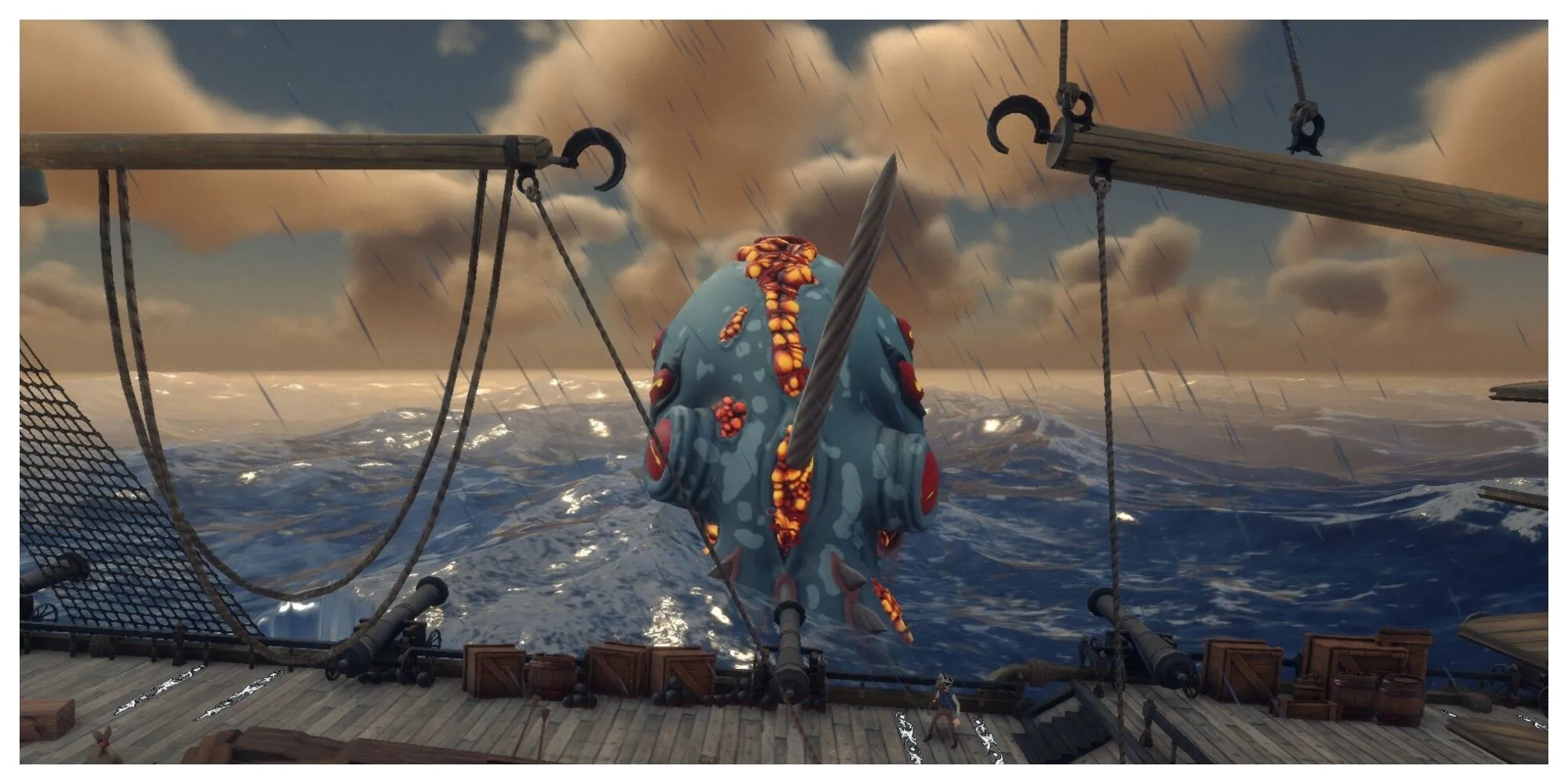 Kraken khổng lồ với nhiều xúc tu tấn công con tàu của người chơi trong Venture to the Vile