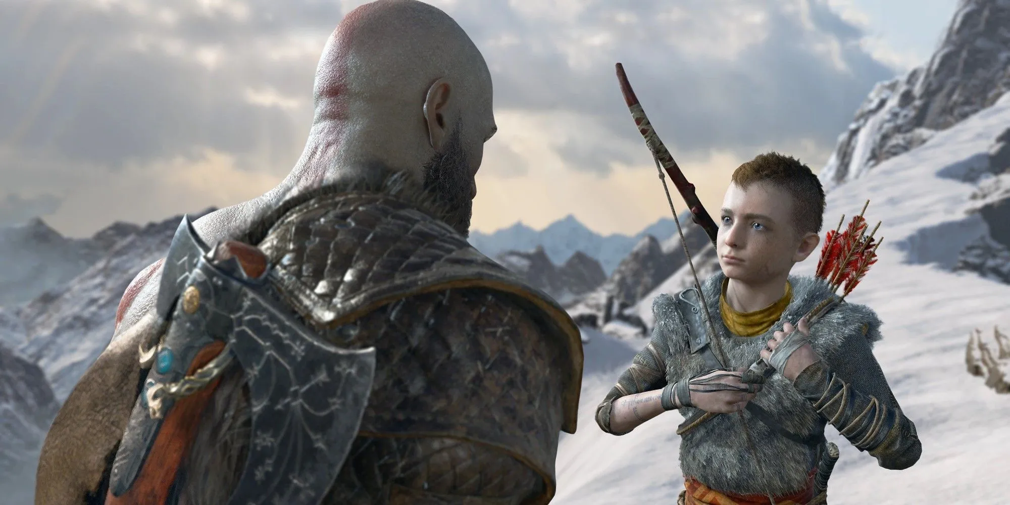 Kratos và Atreus trong tuyết trắng tại thế giới God of War Ragnarok