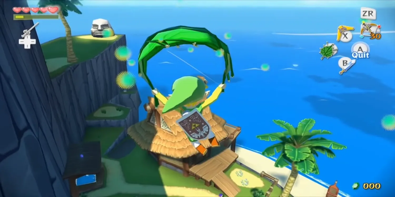 Link bay lượn trên Đảo Khởi Đầu bằng tàu lượn trong The Legend of Zelda: The Wind Waker.