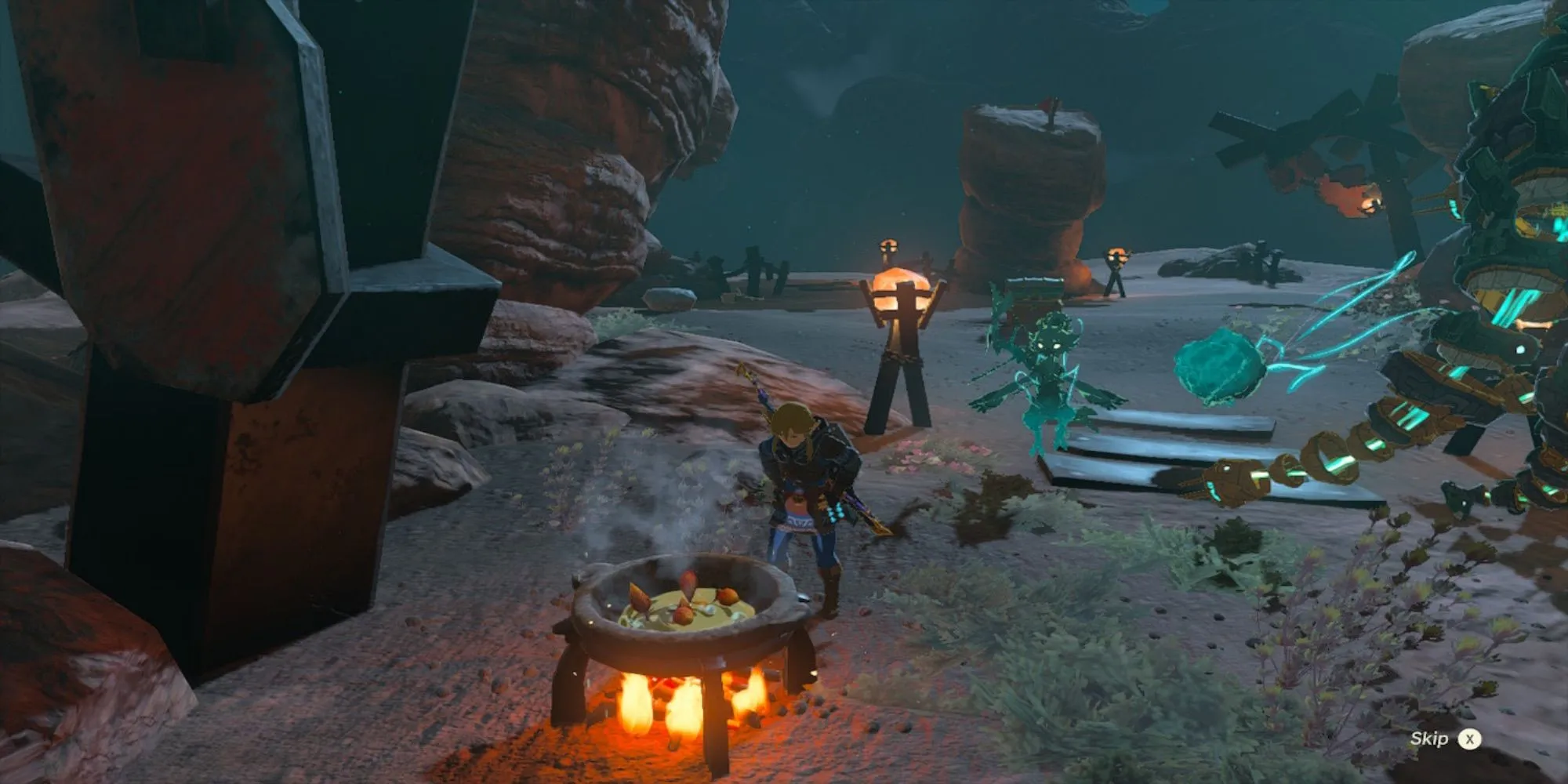 Link sử dụng nồi nấu di động để chế biến thức ăn và thuốc tiên trong The Legend of Zelda Tears of the Kingdom