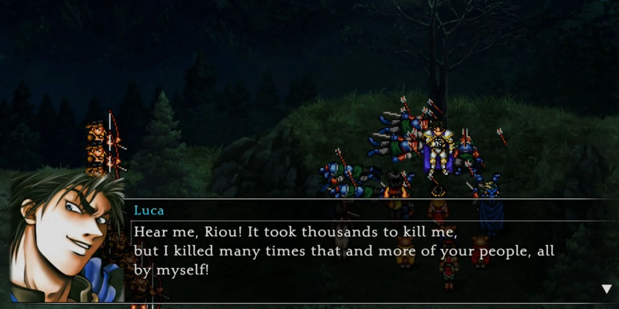 Luca Blight, phản diện tàn bạo trong Suikoden II, đứng trước đội quân của mình