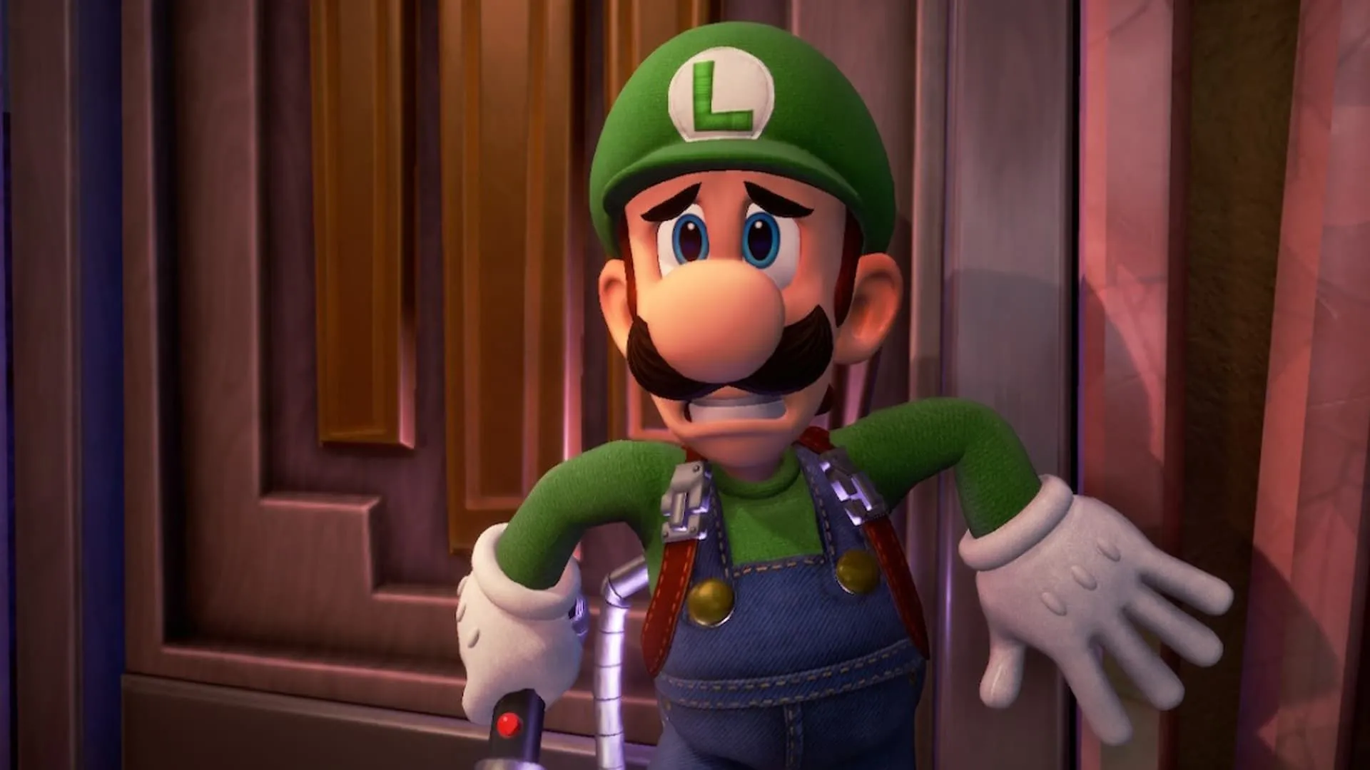 Luigi sợ hãi trong ảnh bìa game Luigi's Mansion 3