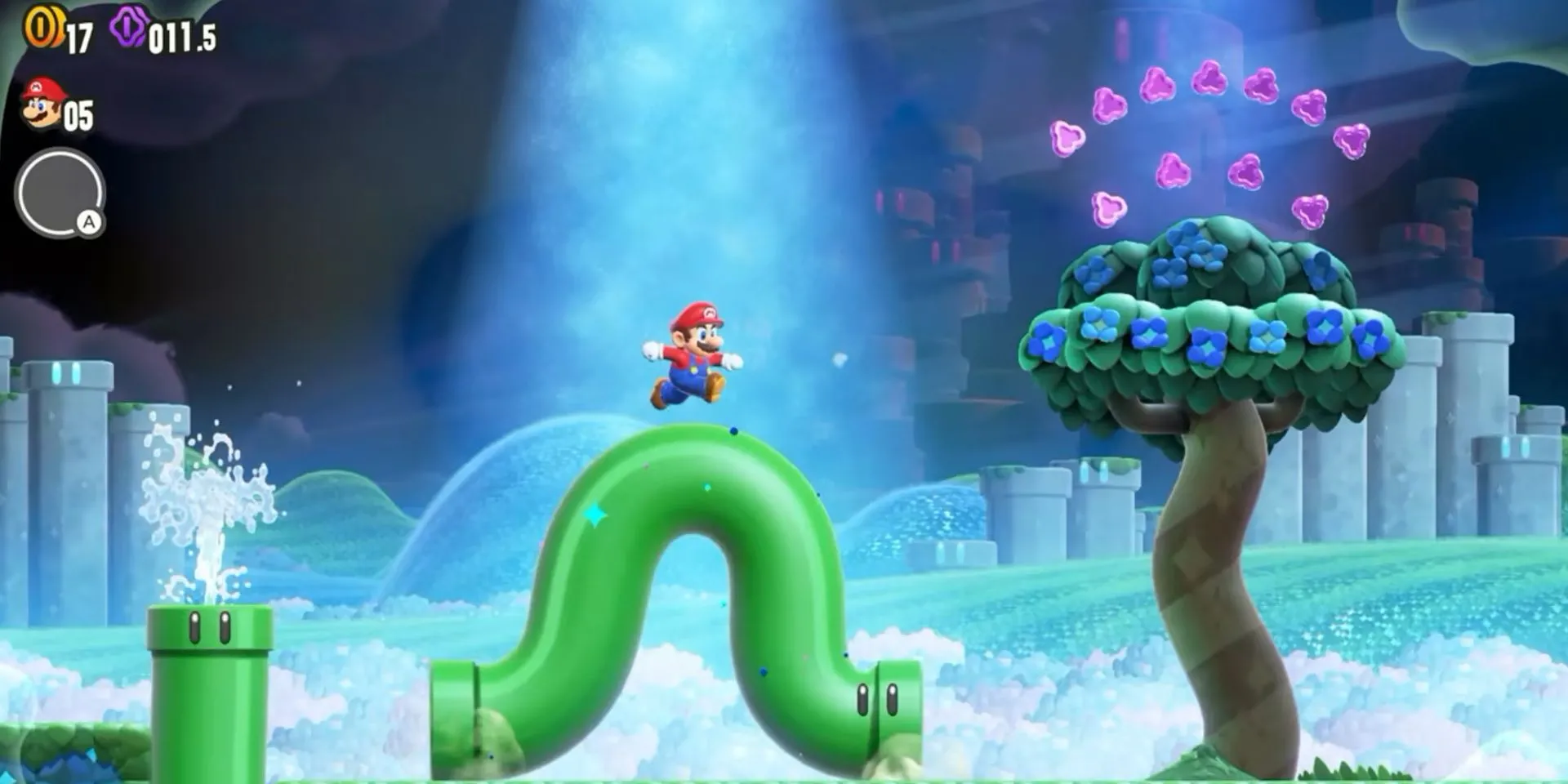 Mario nhảy qua ống nước trong Super Mario Bros. Wonder