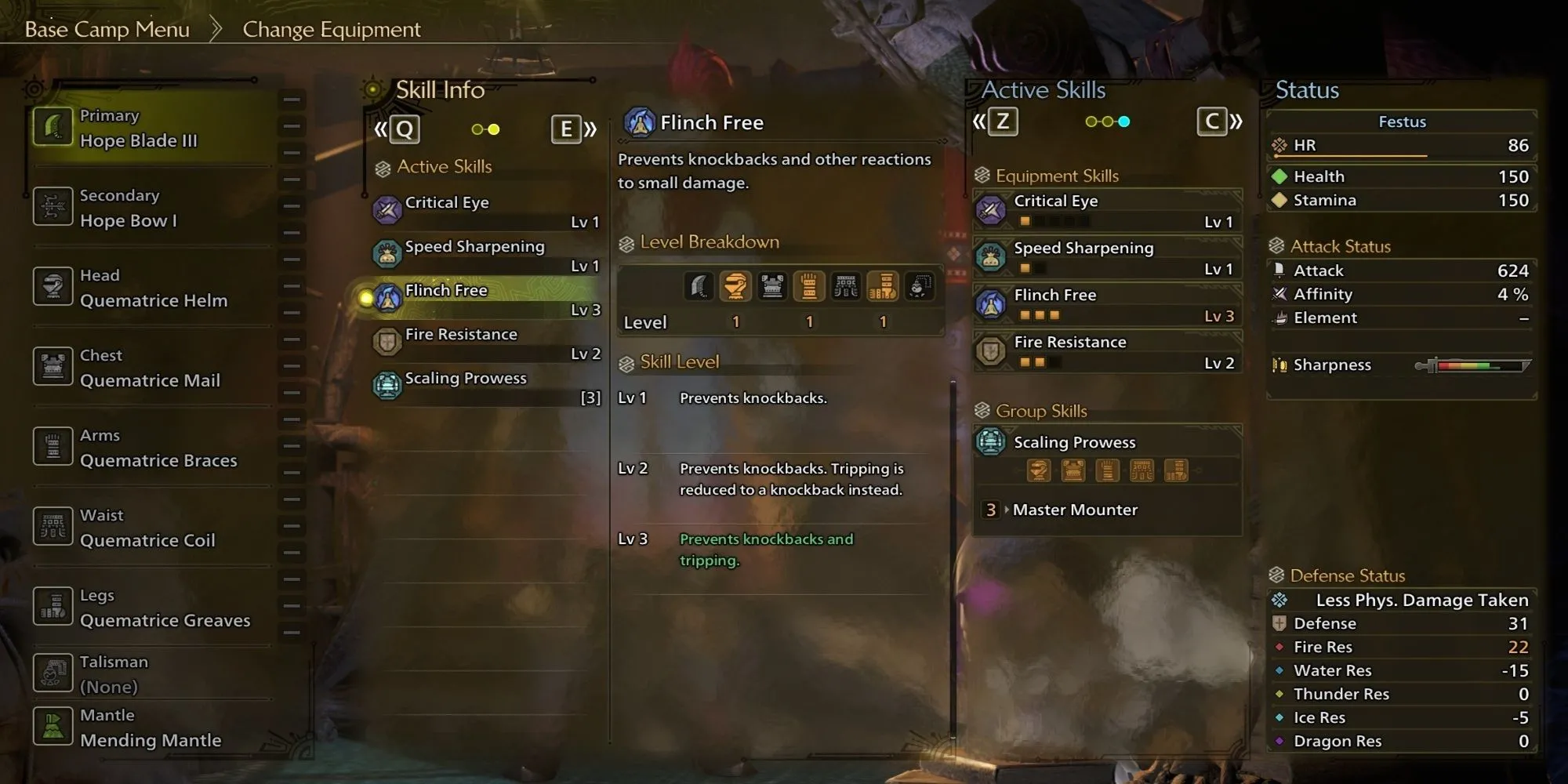 Menu kỹ năng Greatsword giai đoạn đầu trong Monster Hunter Wilds tại trại căn cứ