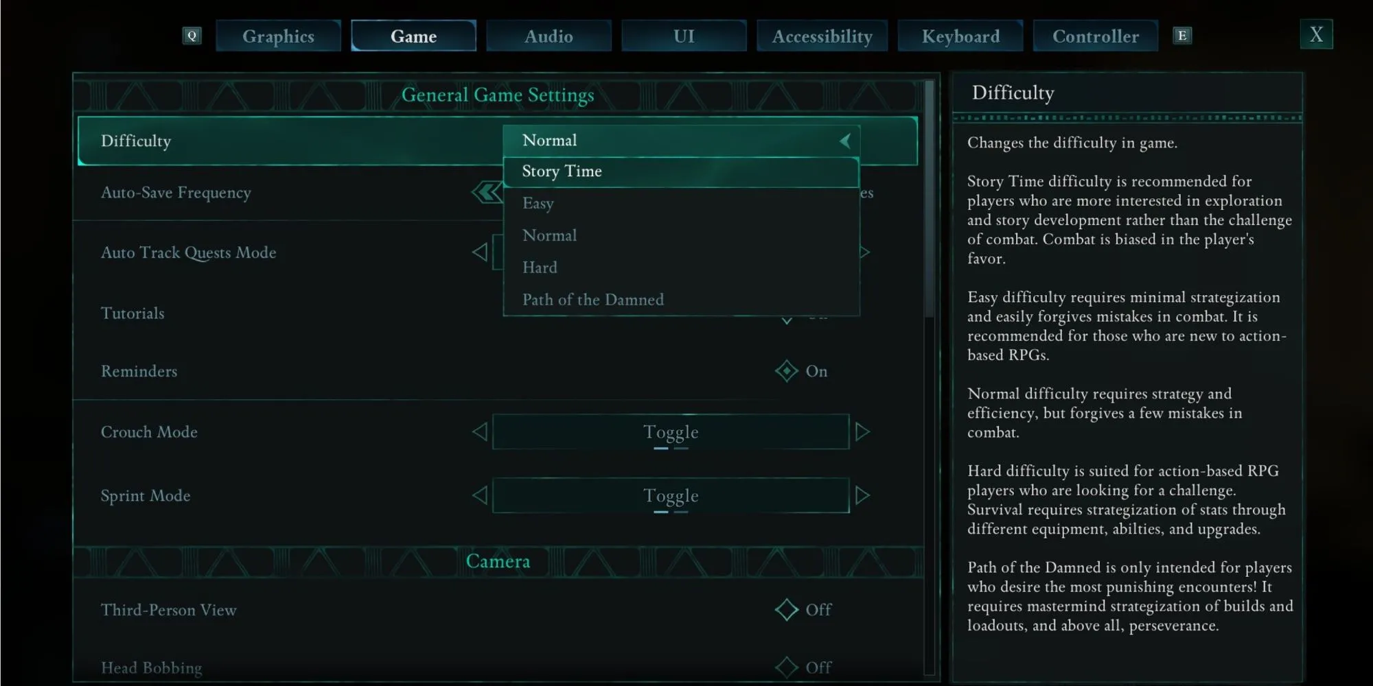 Menu tùy chỉnh thiết lập độ khó trong game Avowed
