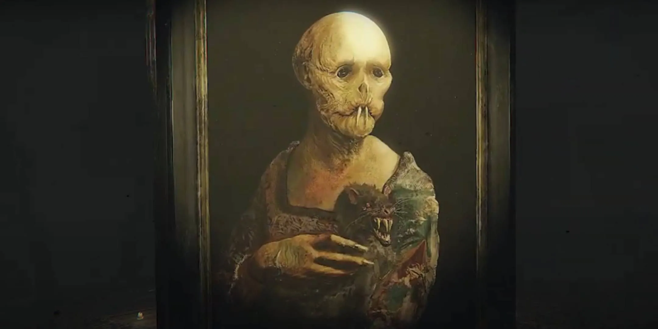 Một bức chân dung rùng rợn trên tường trong game Layers of Fear, thể hiện rõ không khí kinh dị gothic