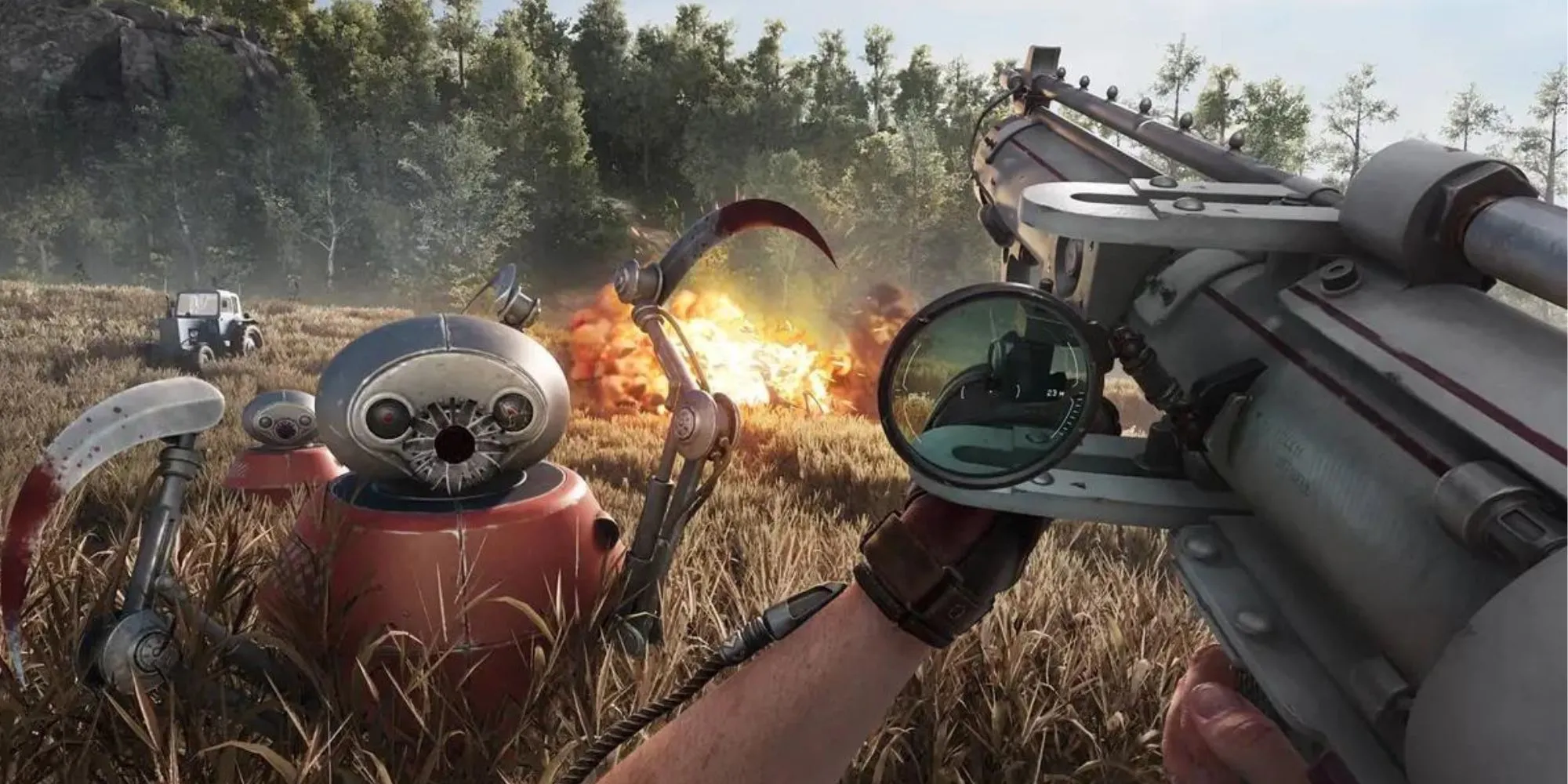 Một cảnh chiến đấu với robot nông nghiệp trong game Atomic Heart