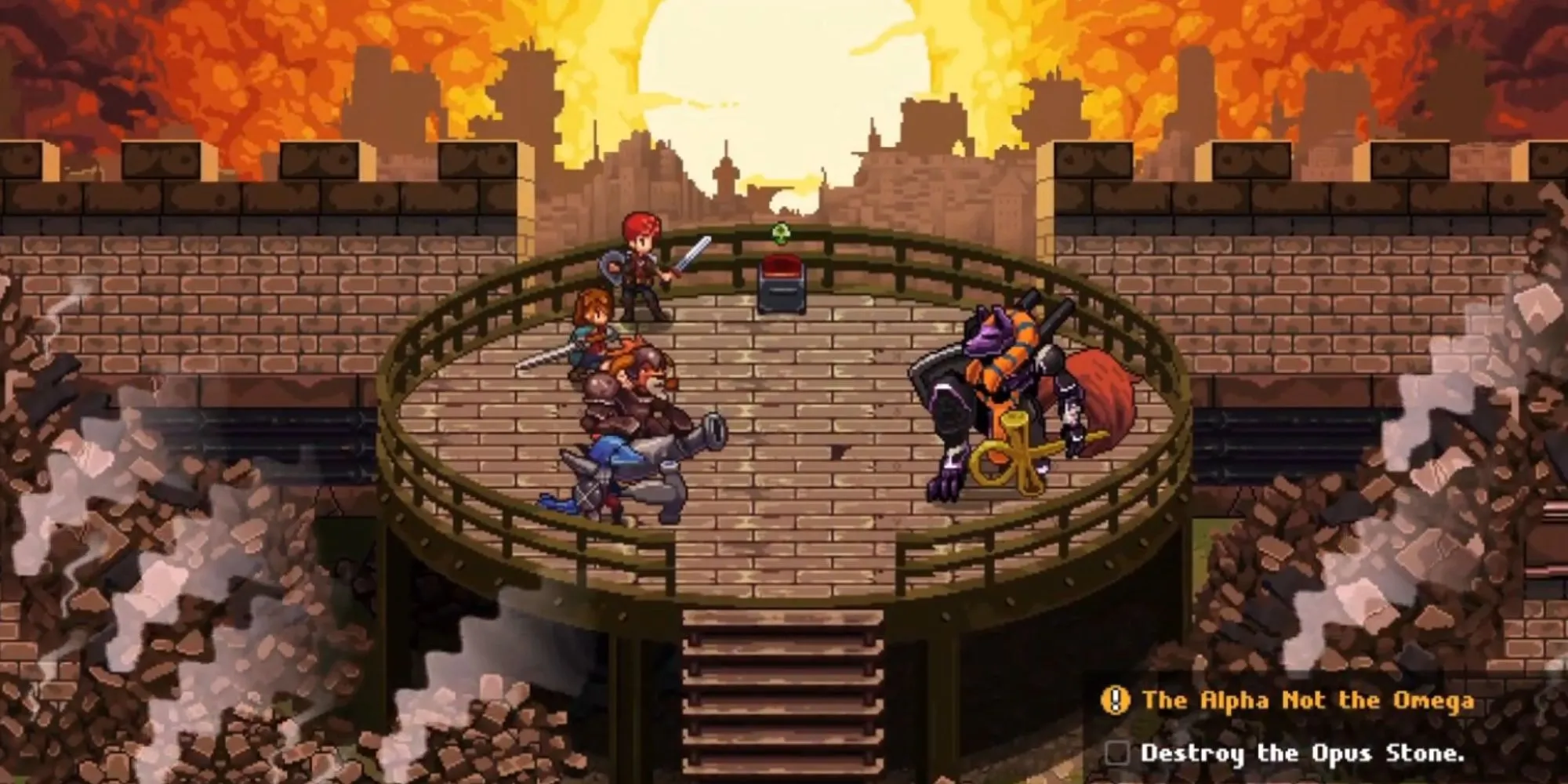 Một cảnh mở đầu đầy kịch tính trong Chained Echoes với đồ họa pixel art cổ điển
