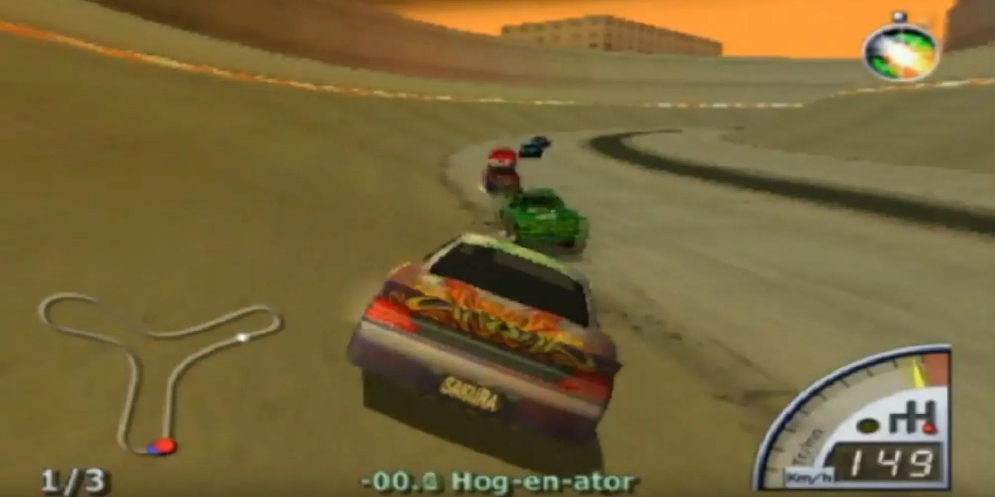 Một chiếc xe đua hầm hố đang bay trên không sau cú nhảy trong game Rumble Racing PS2