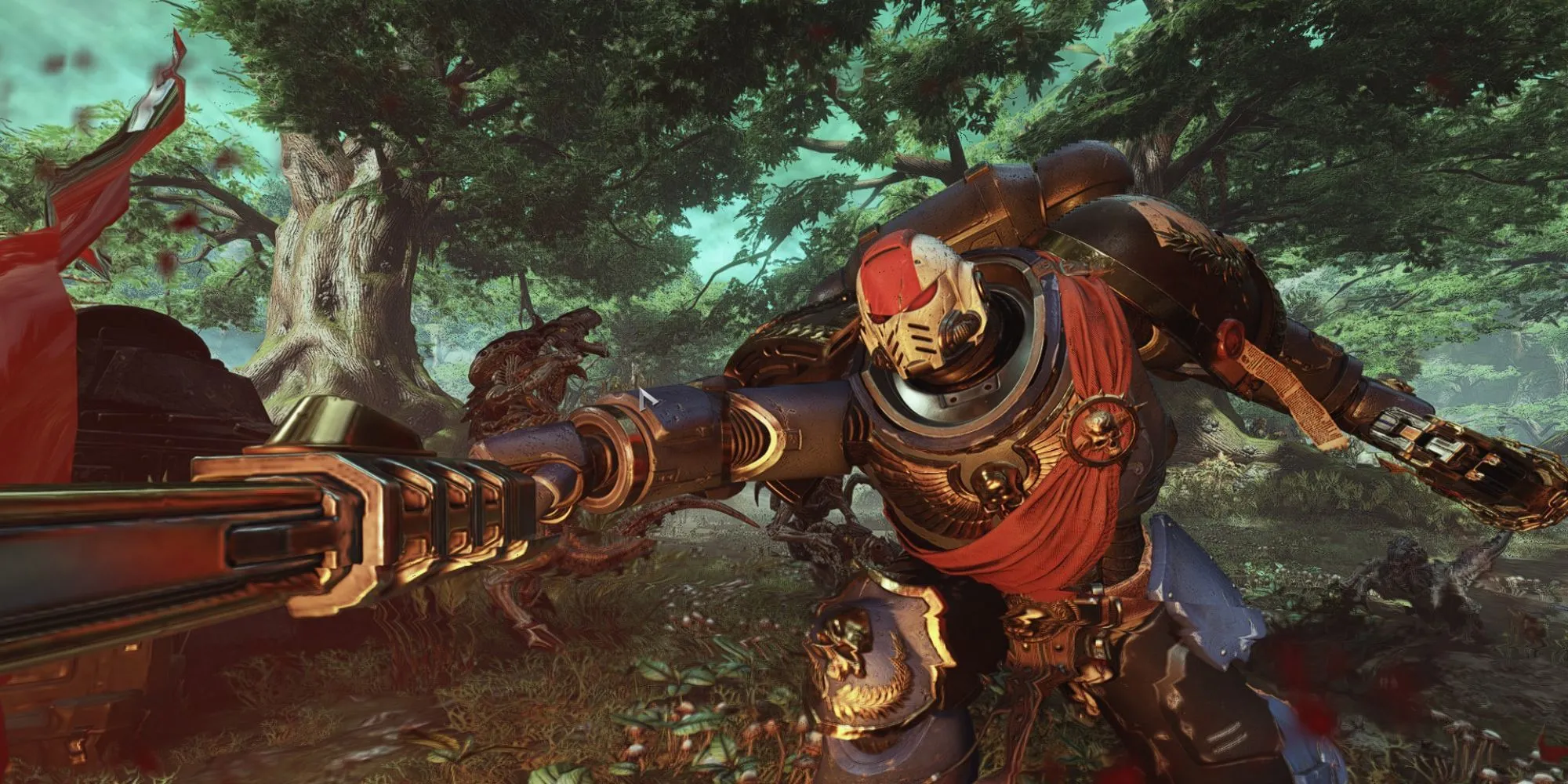 Một chiến binh Space Marine trong Warhammer 40,000: Space Marine II đang chiến đấu giữa vòng vây kẻ thù