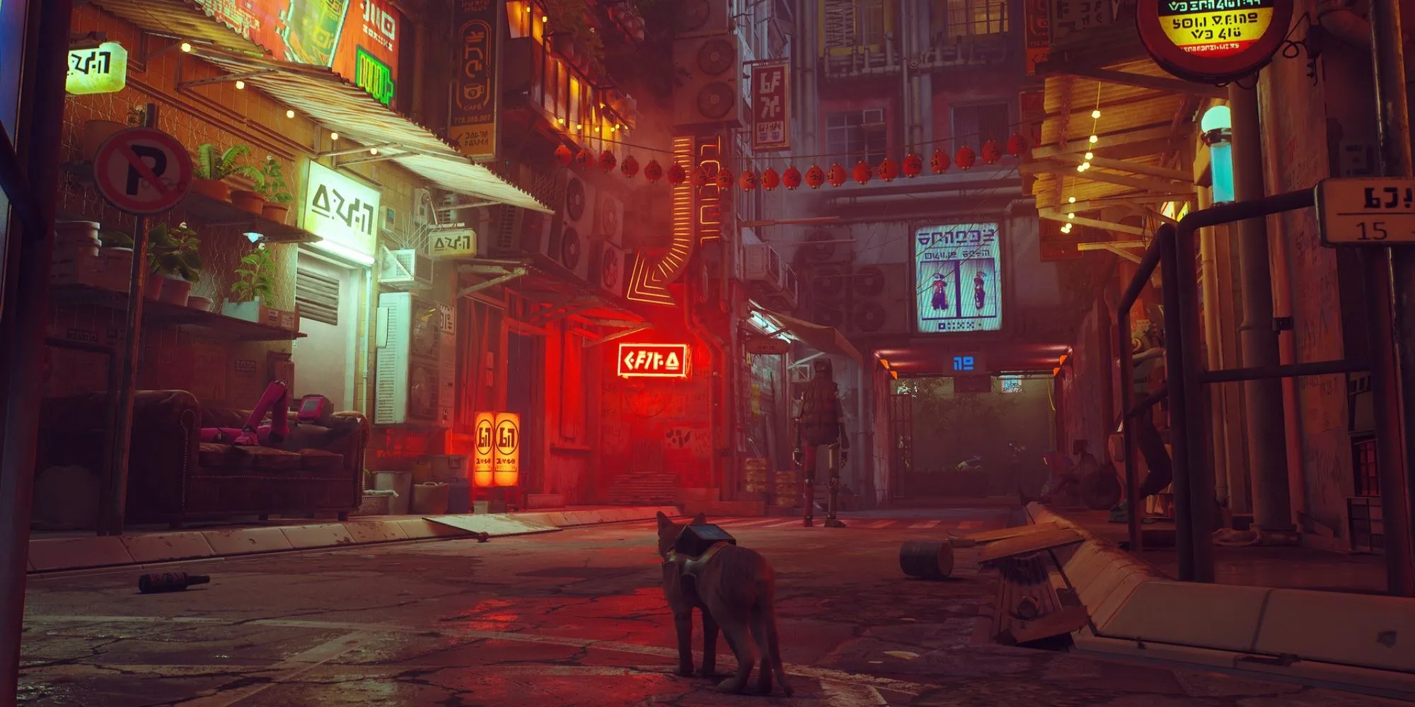 Một chú mèo giữa con phố thiếu sáng, xa xa là vài biển hiệu neon trong game Stray