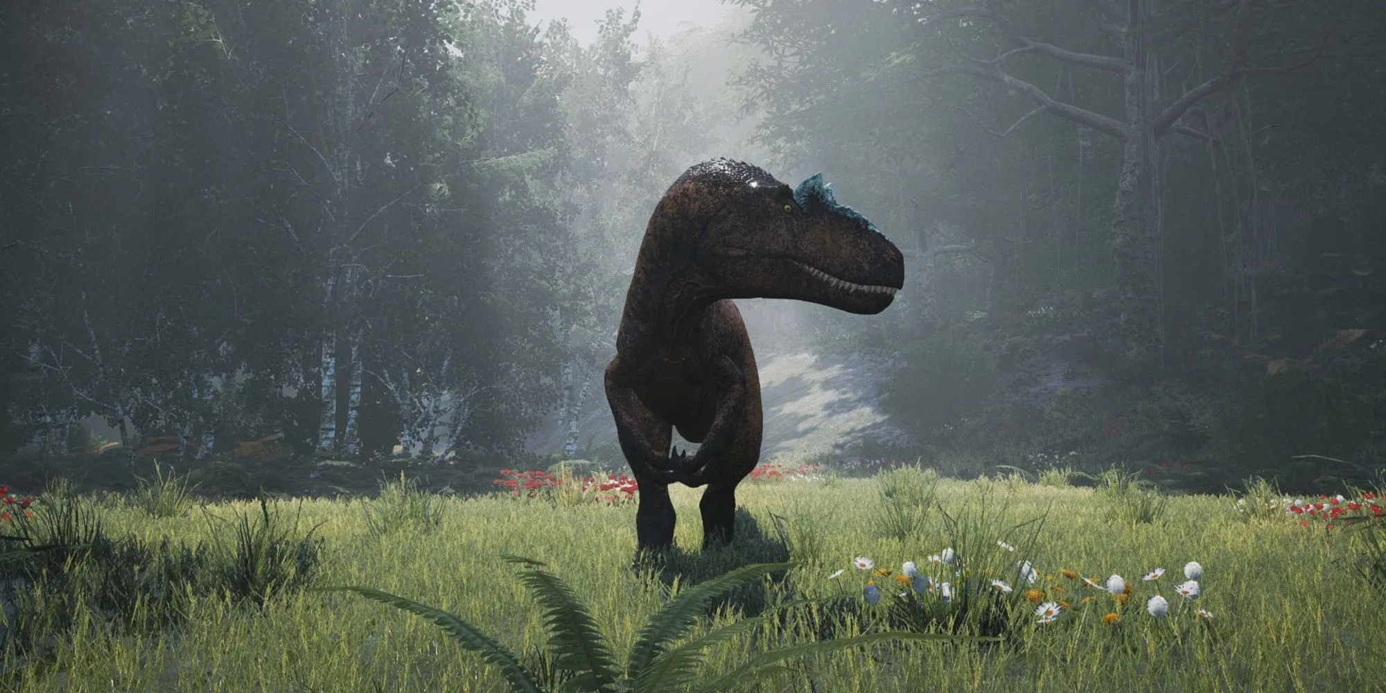 Một con khủng long T-Rex khổng lồ đang bước đi trong khu rừng rậm của game The Isle, tựa game sinh tồn tiền sử cho phép người chơi hóa thân thành khủng long.