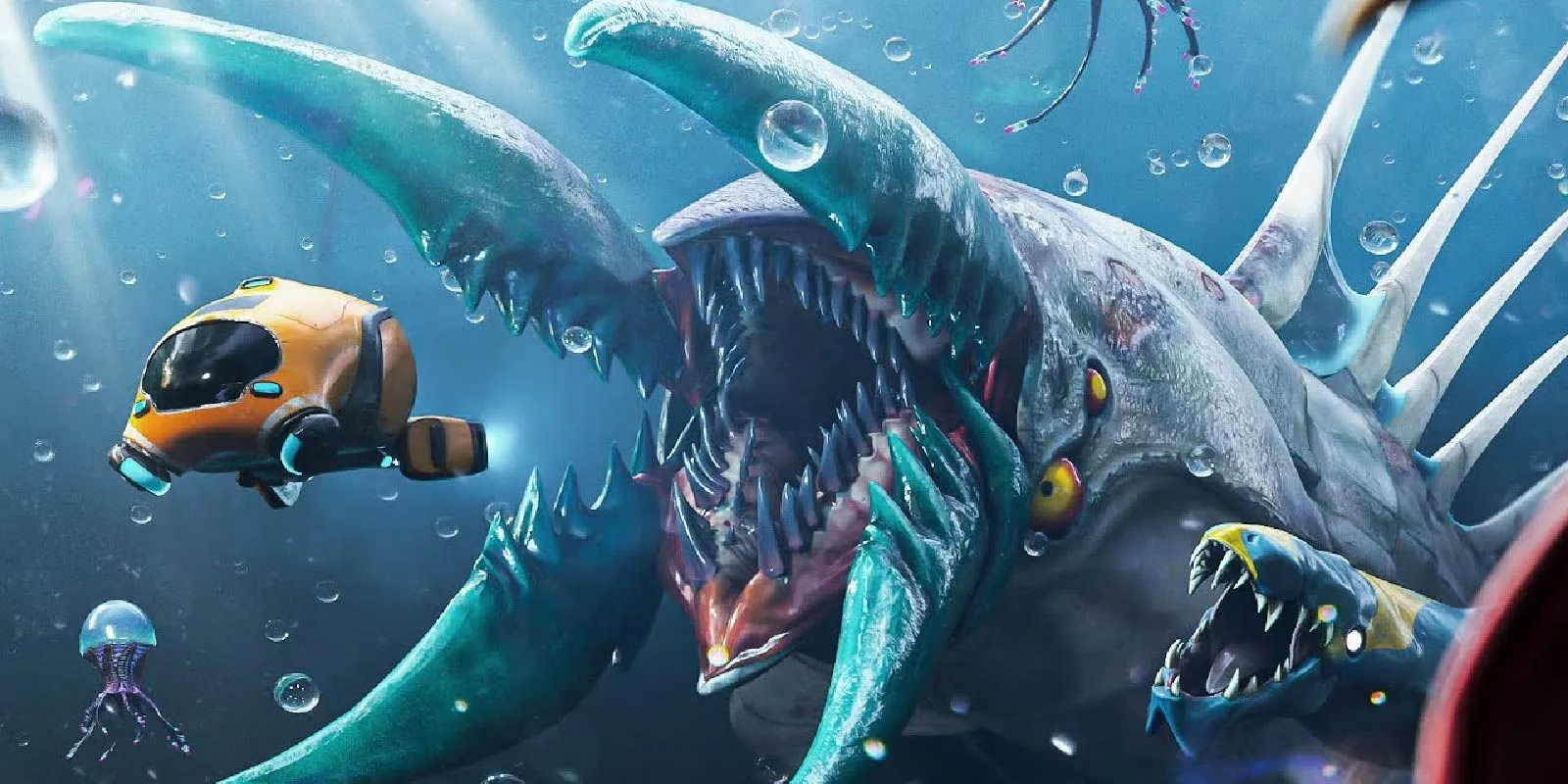 Một con Leviathan đang tấn công tàu ngầm trong game Subnautica: Below Zero