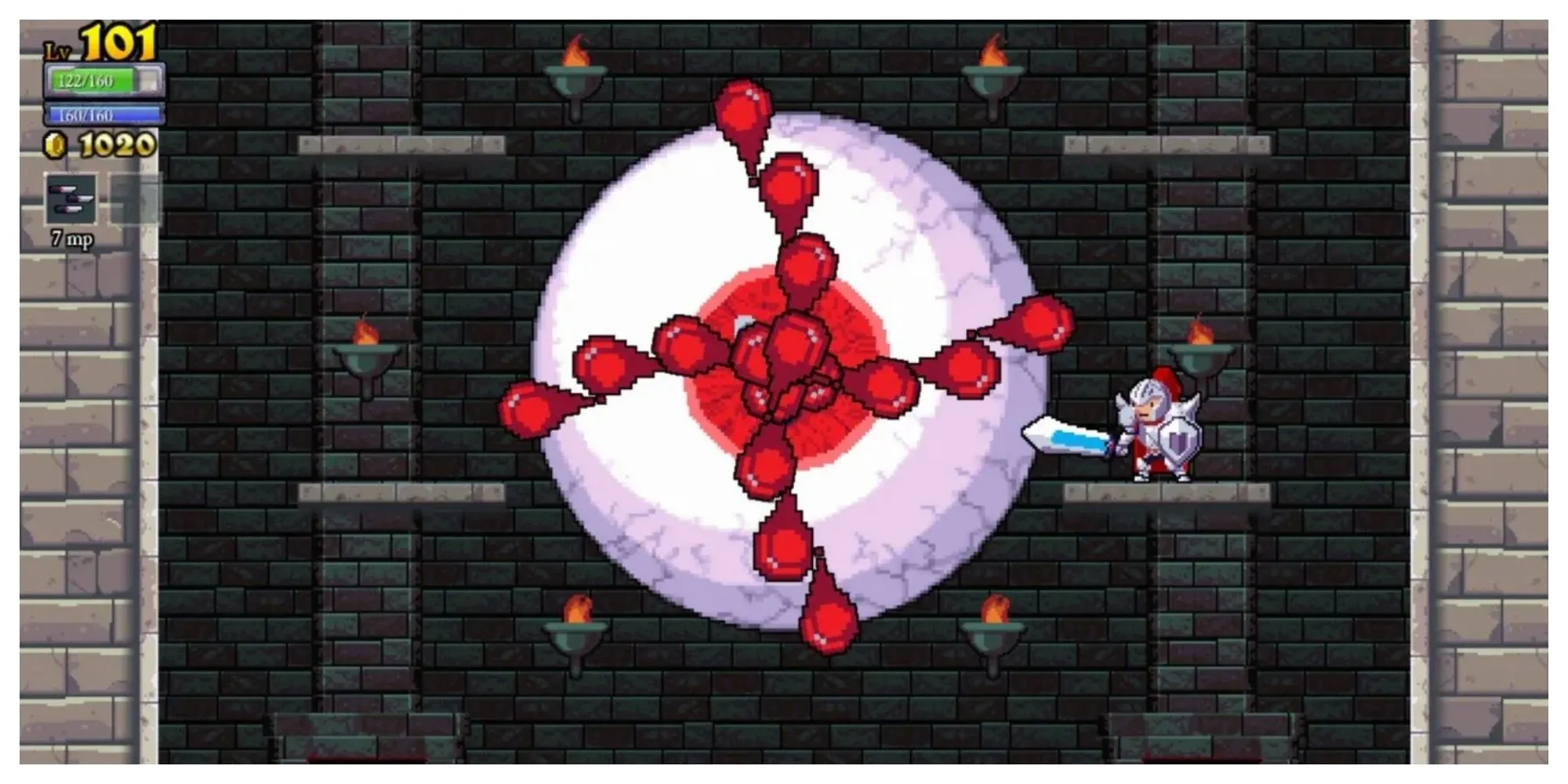 Một hiệp sĩ trong Rogue Legacy nhảy qua các chướng ngại vật trong một lâu đài pixel art cổ điển