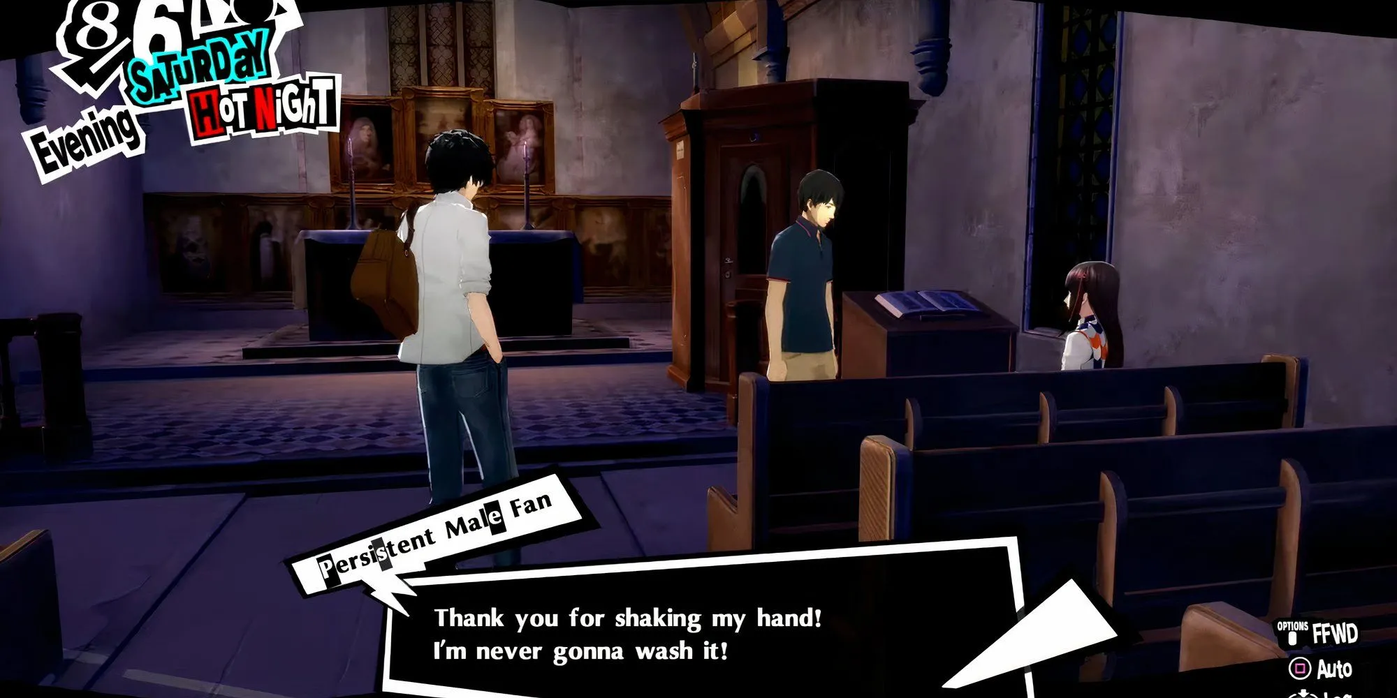 Một người hâm mộ tiếp cận Hifumi Togo tại nhà thờ Kanda trong Persona 5 Royal
