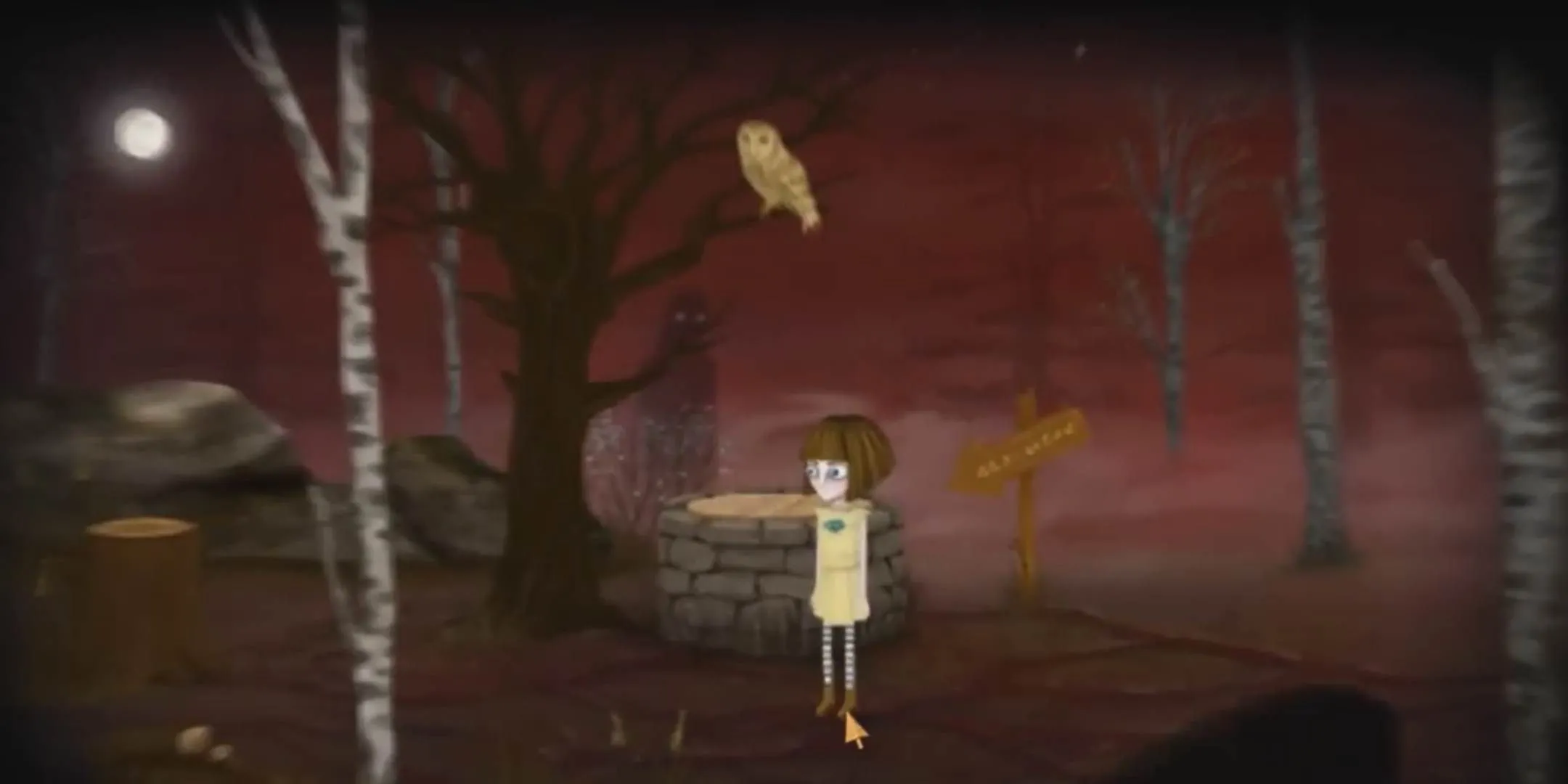 Một nhân vật đứng gần một cái giếng trong Fran Bow, tựa game phiêu lưu kinh dị với phong cách độc đáo