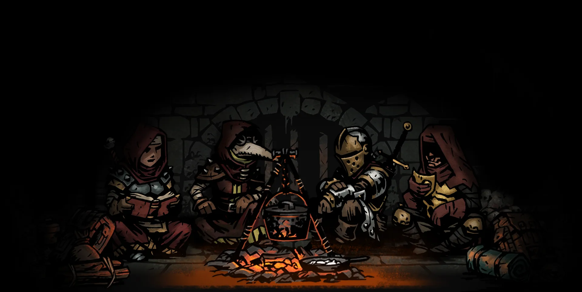 Một nhóm nhân vật trong Darkest Dungeon đối mặt với quái vật trong hầm ngục tối tăm