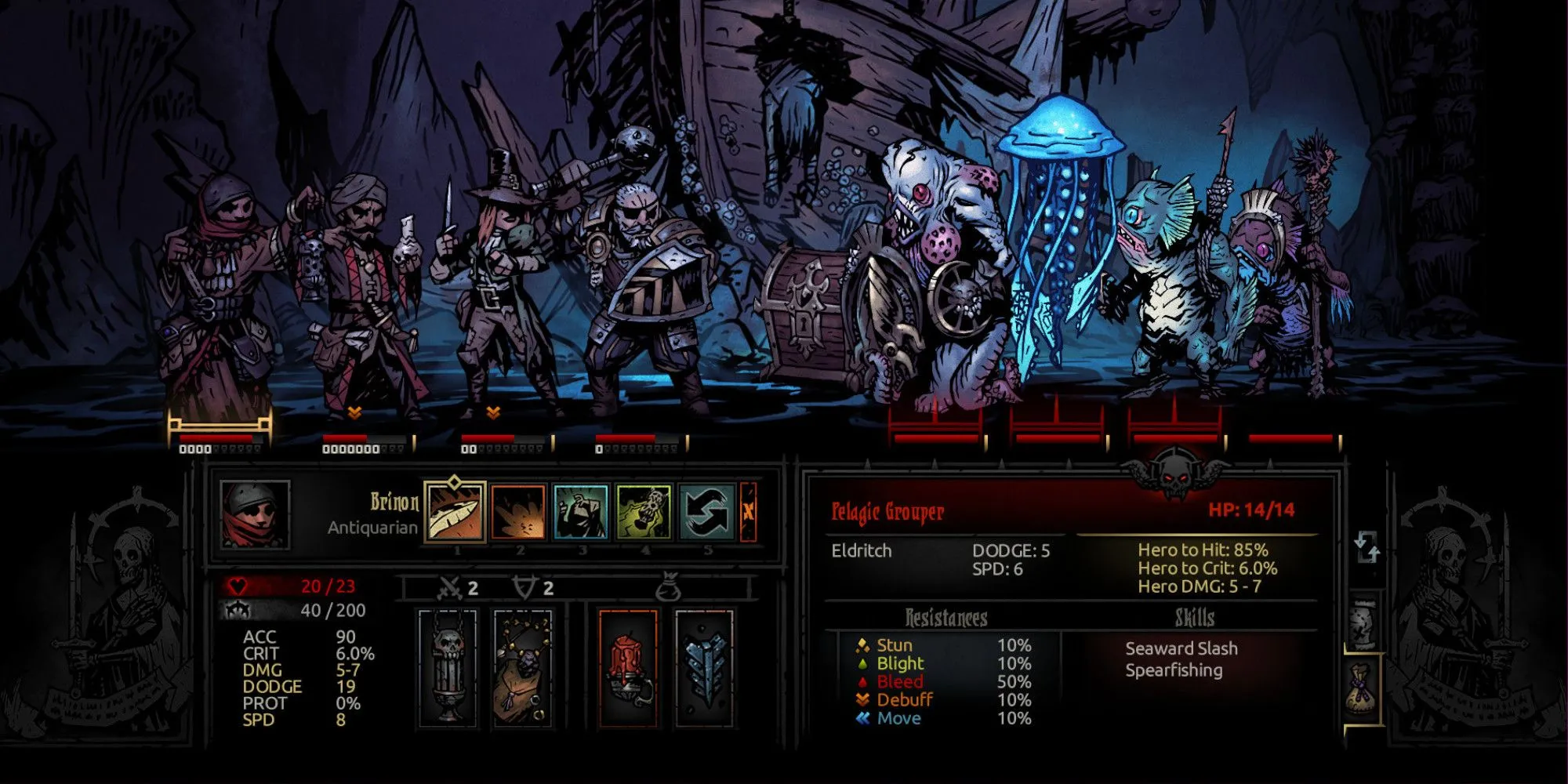 Một trận chiến căng thẳng trong Darkest Dungeon với các nhân vật đối mặt với quái vật