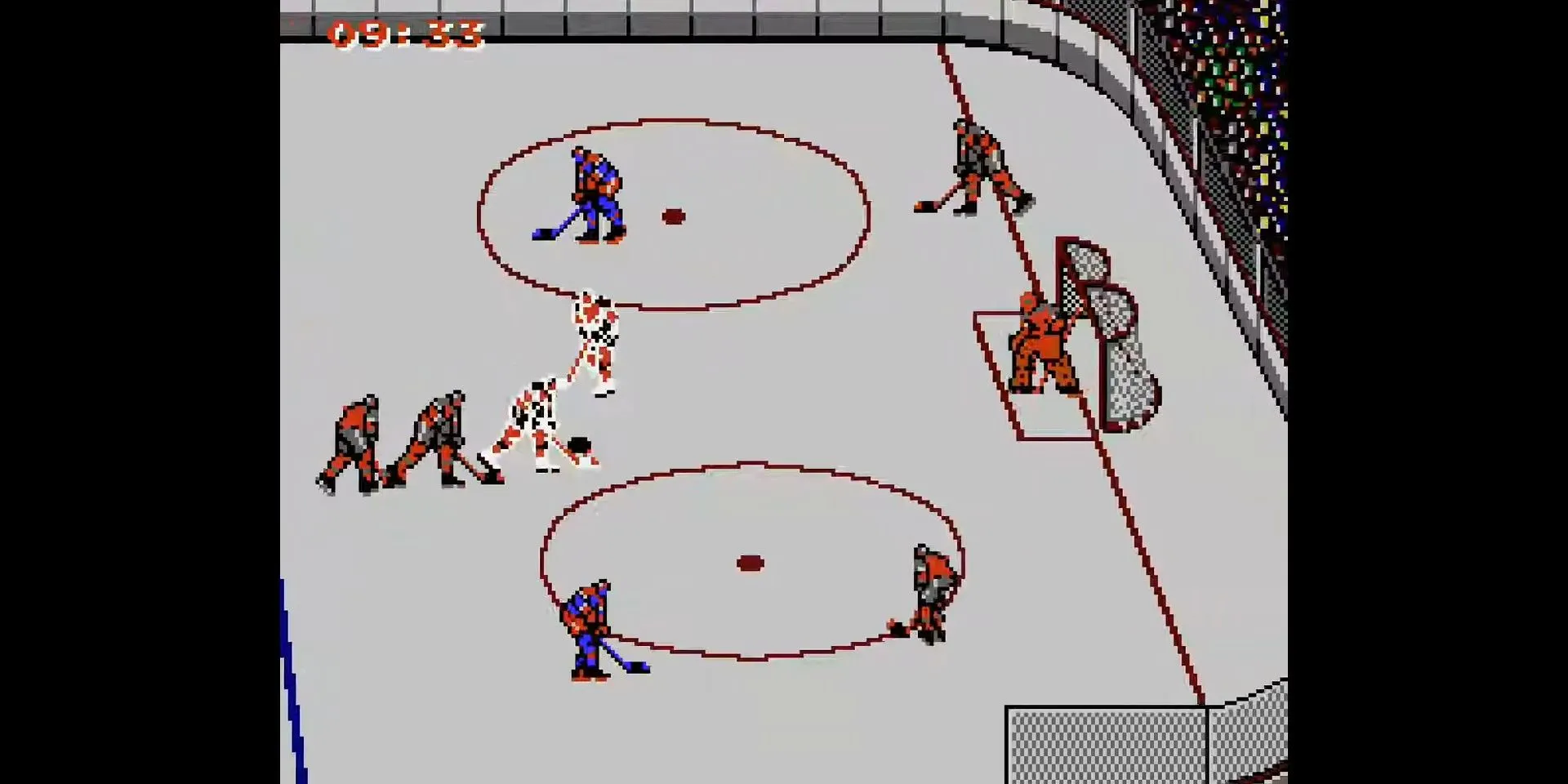 Một trận đấu khúc côn cầu trong Blades of Steel với pha đối đầu