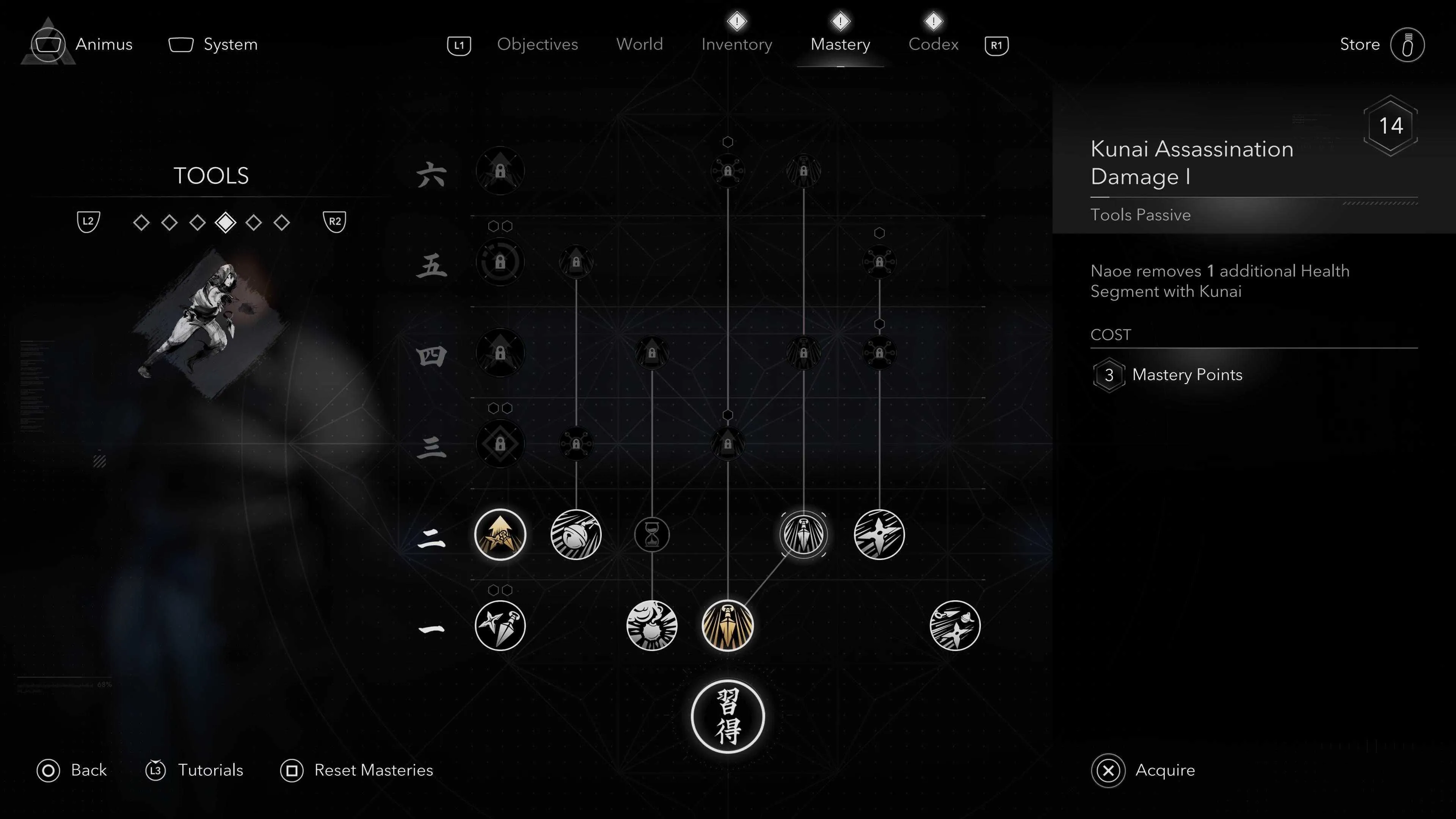 Naoe chuẩn bị phóng kunai, một công cụ ám sát tầm xa hiệu quả trong Assassin's Creed Shadows.