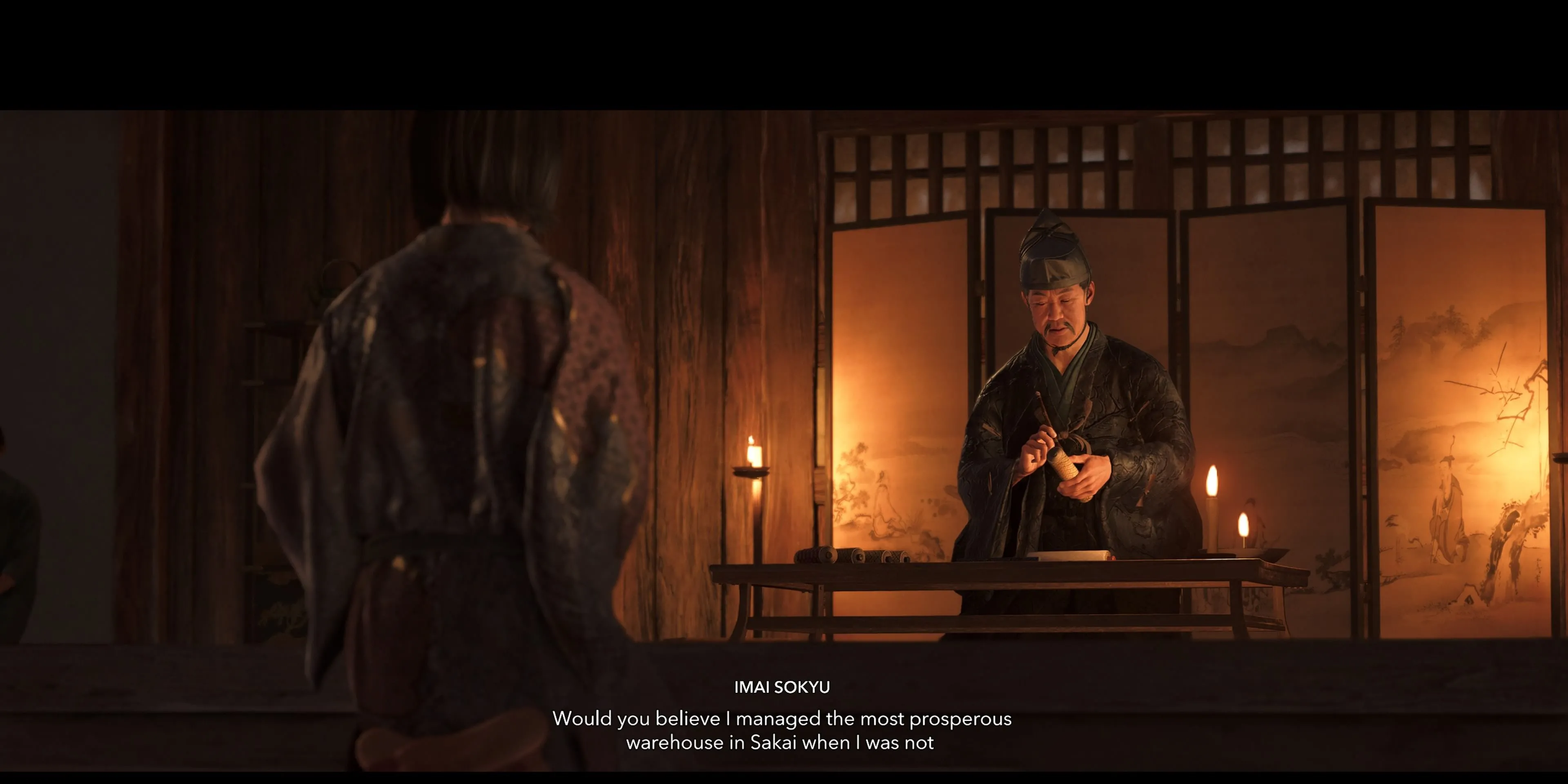 Naoe tham dự nghi lễ trà đạo cùng Imai Sokyu trong Assassin's Creed Shadows