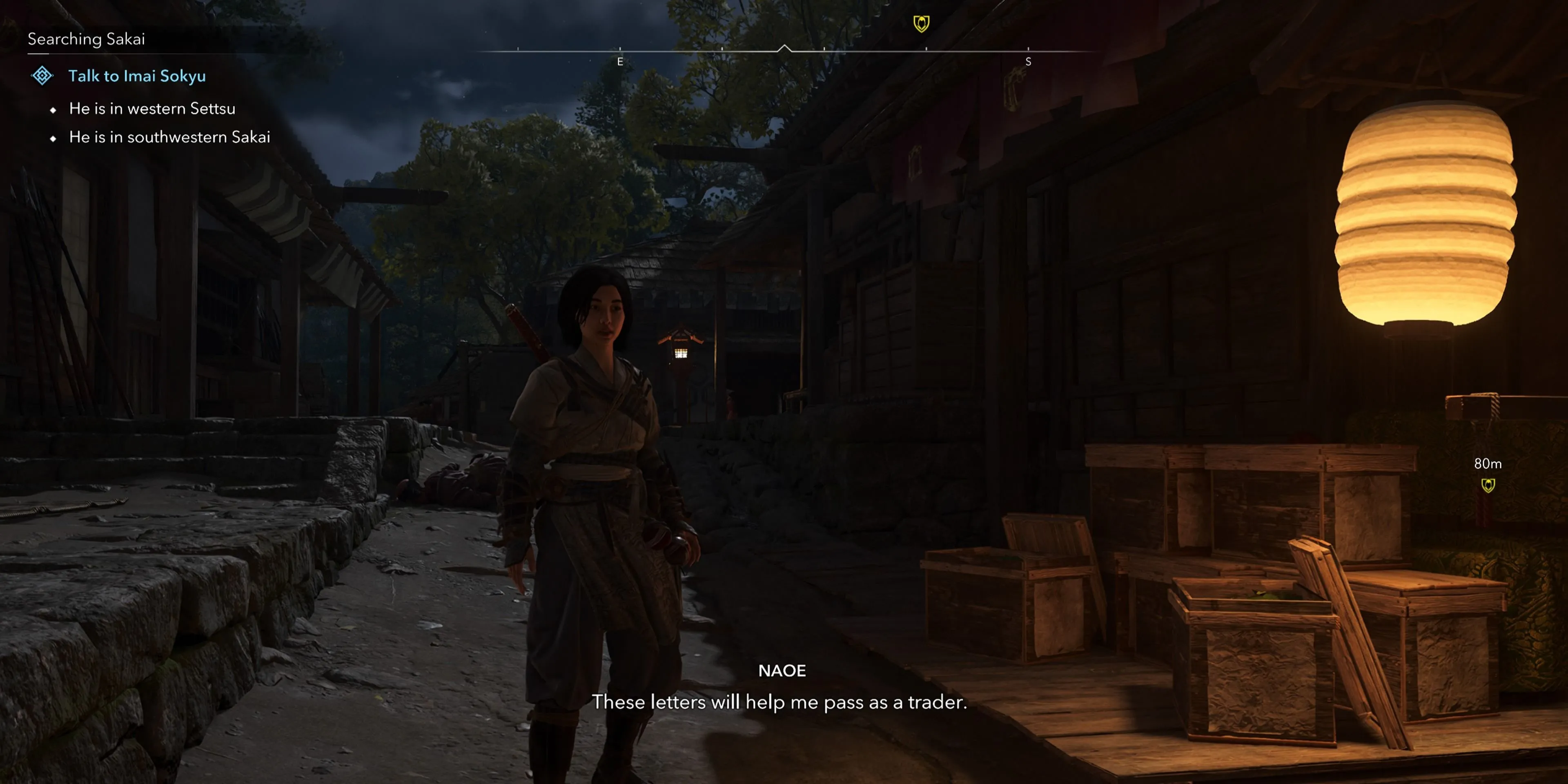 Naoe thu thập thư và hợp đồng từ Asajiro trong Assassin's Creed Shadows