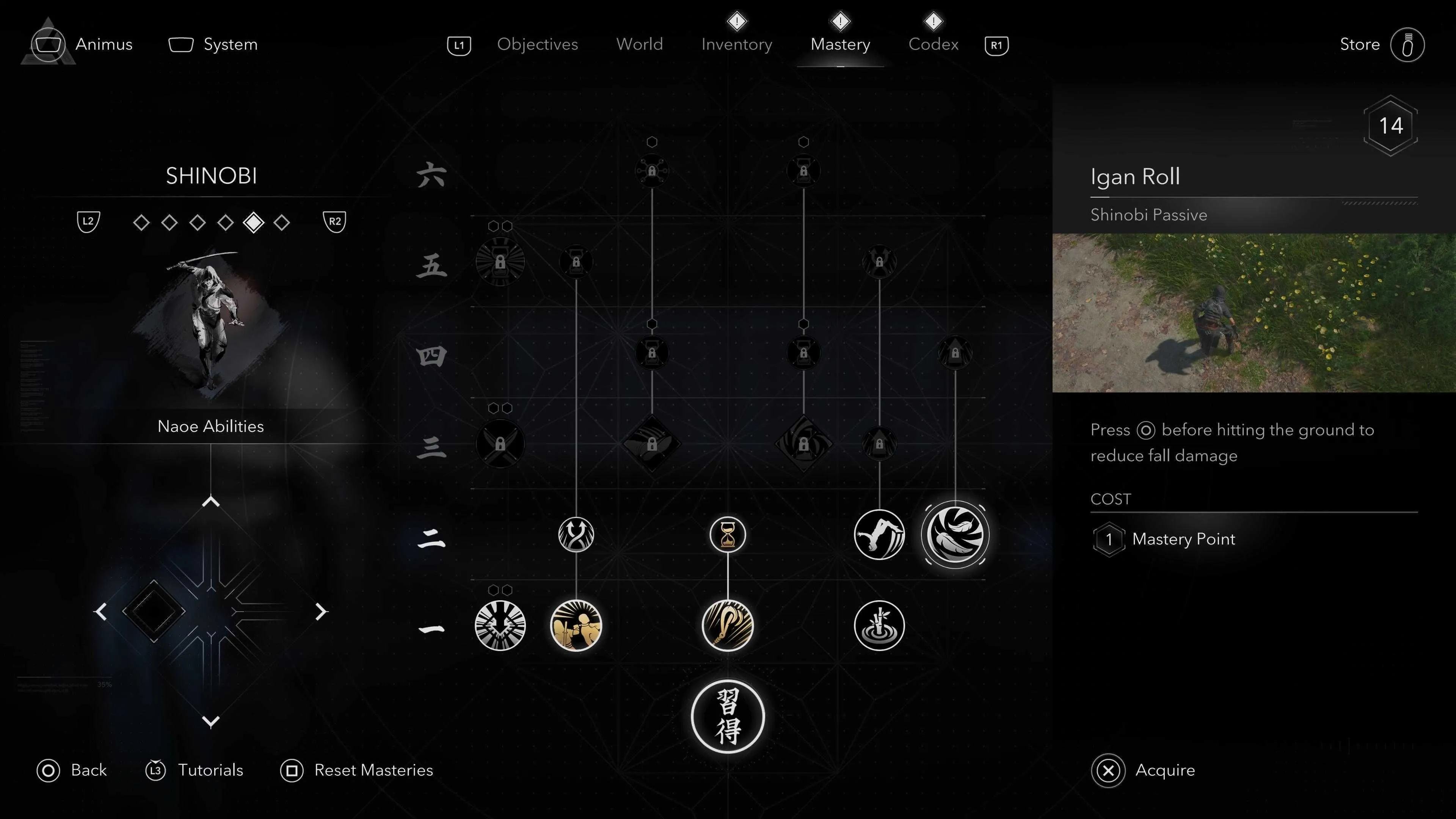 Naoe thực hiện cú lộn Igan để giảm sát thương khi tiếp đất từ độ cao trong Assassin's Creed Shadows.