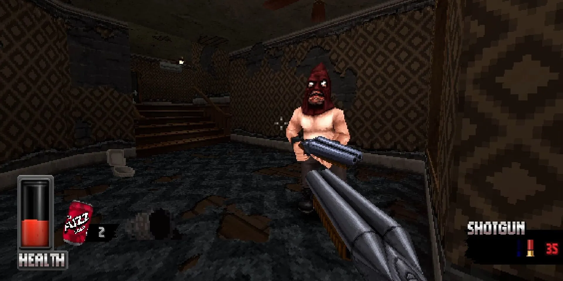 Người chơi cầm shotgun đối mặt với kẻ thù pixel trong một hành lang tối tăm của Cruel