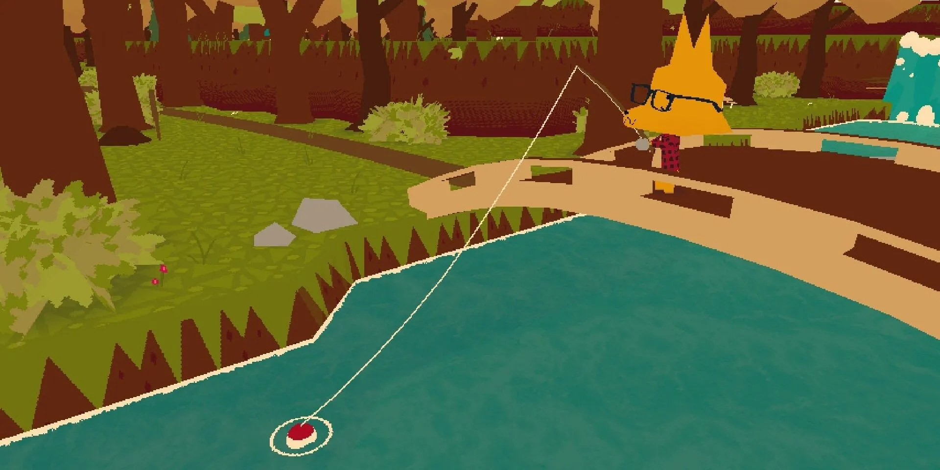Người chơi câu cá trên một cây cầu gỗ trong Webfishing với khung cảnh sông nước thanh bình