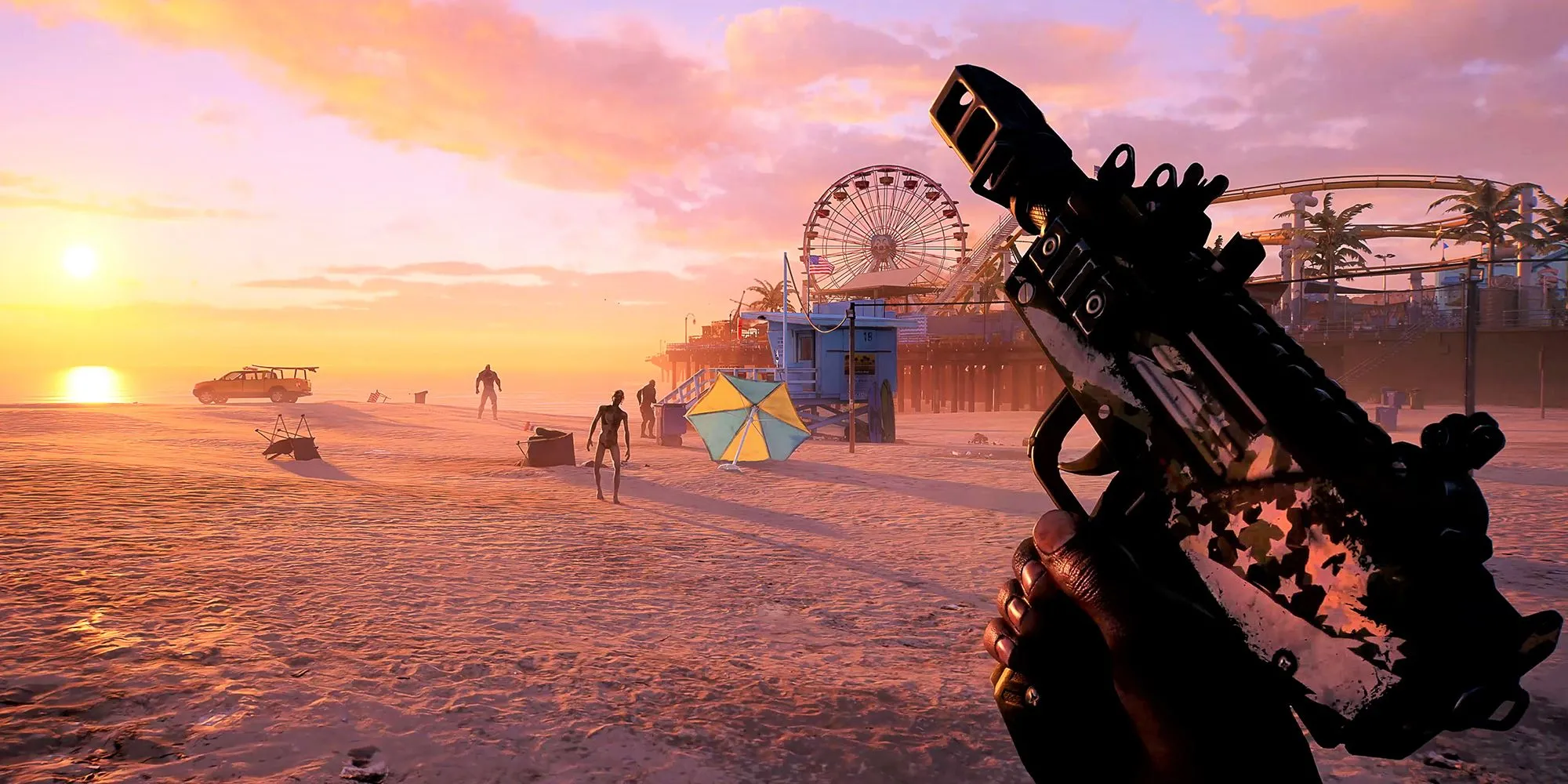 Người chơi chiến đấu với zombie trên bãi biển vào lúc hoàng hôn trong Dead Island 2