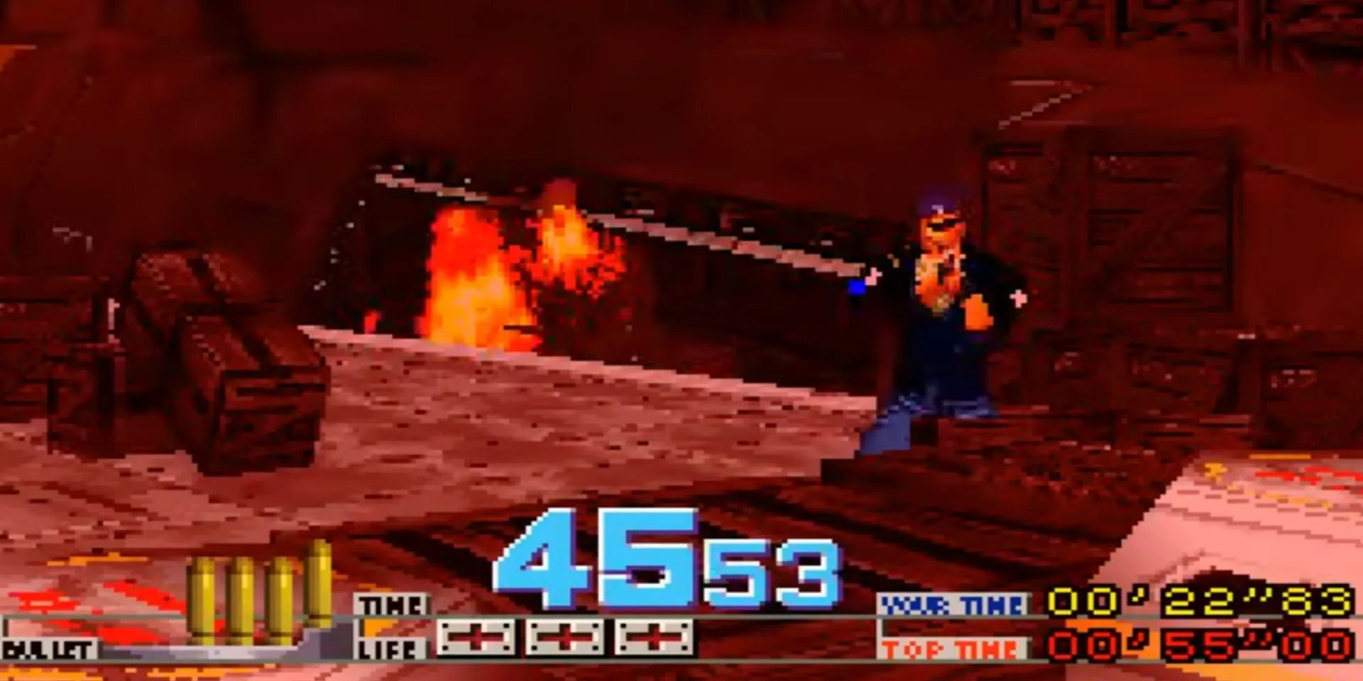 Người chơi nhắm bắn kẻ địch trong game bắn súng hồng ngoại Time Crisis