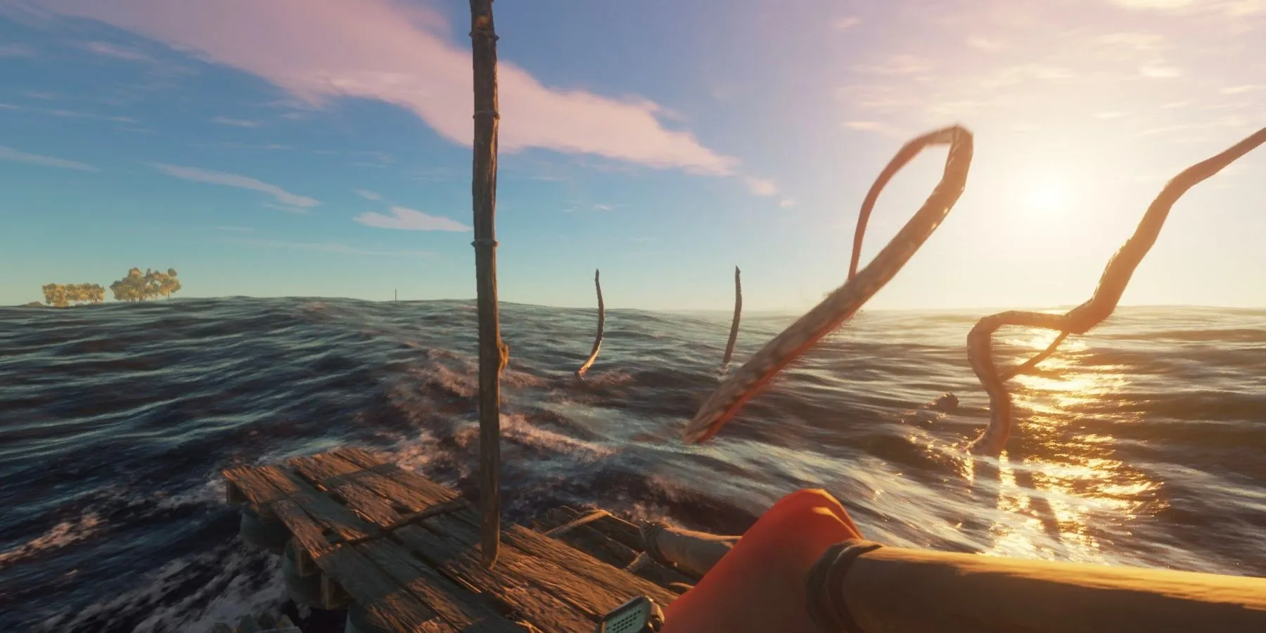 Người chơi Stranded Deep chèo bè trên đại dương bao la với hòn đảo xa xa