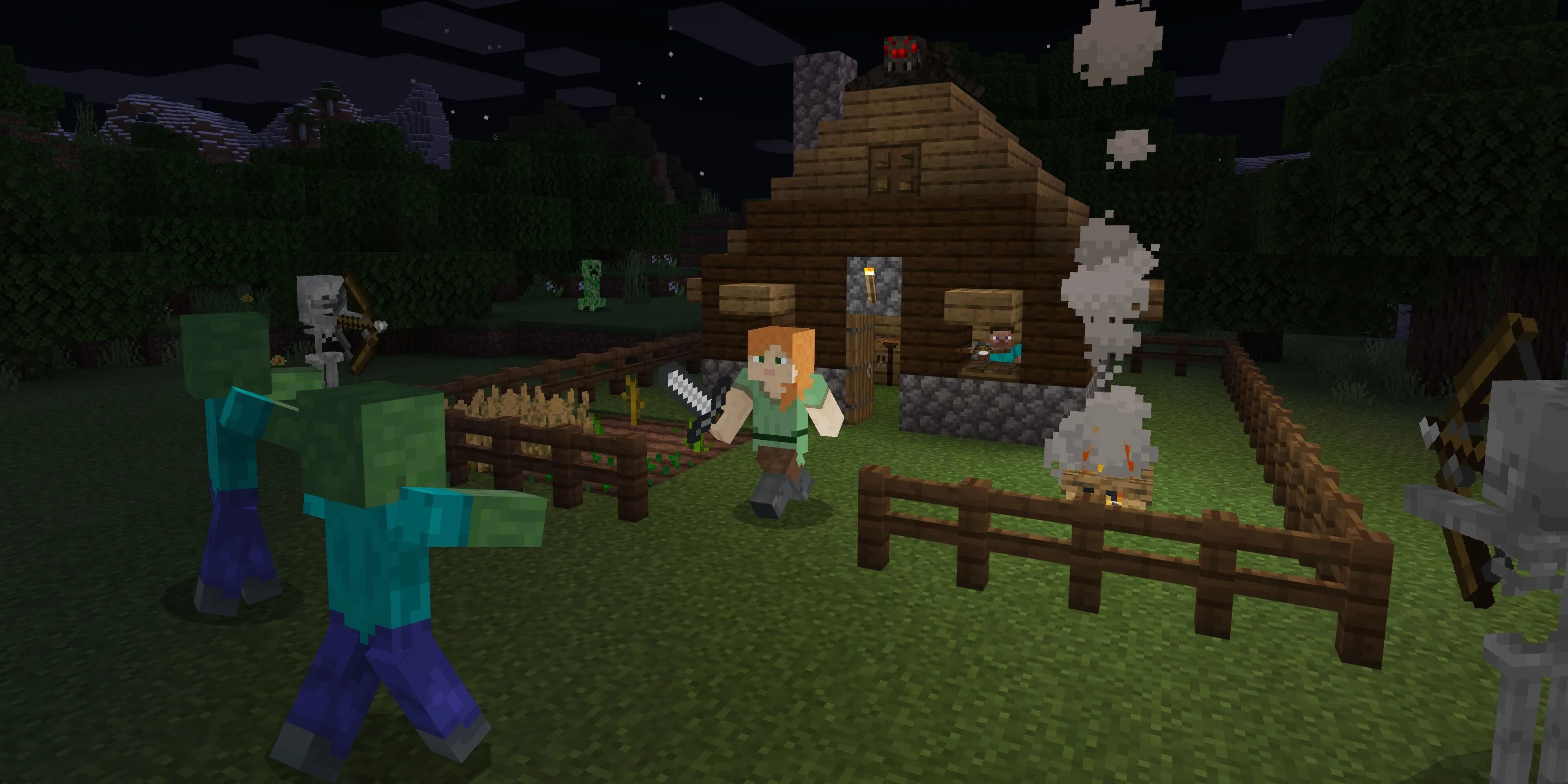 Nhân vật Alex đối mặt với các đám quái vật trong Minecraft