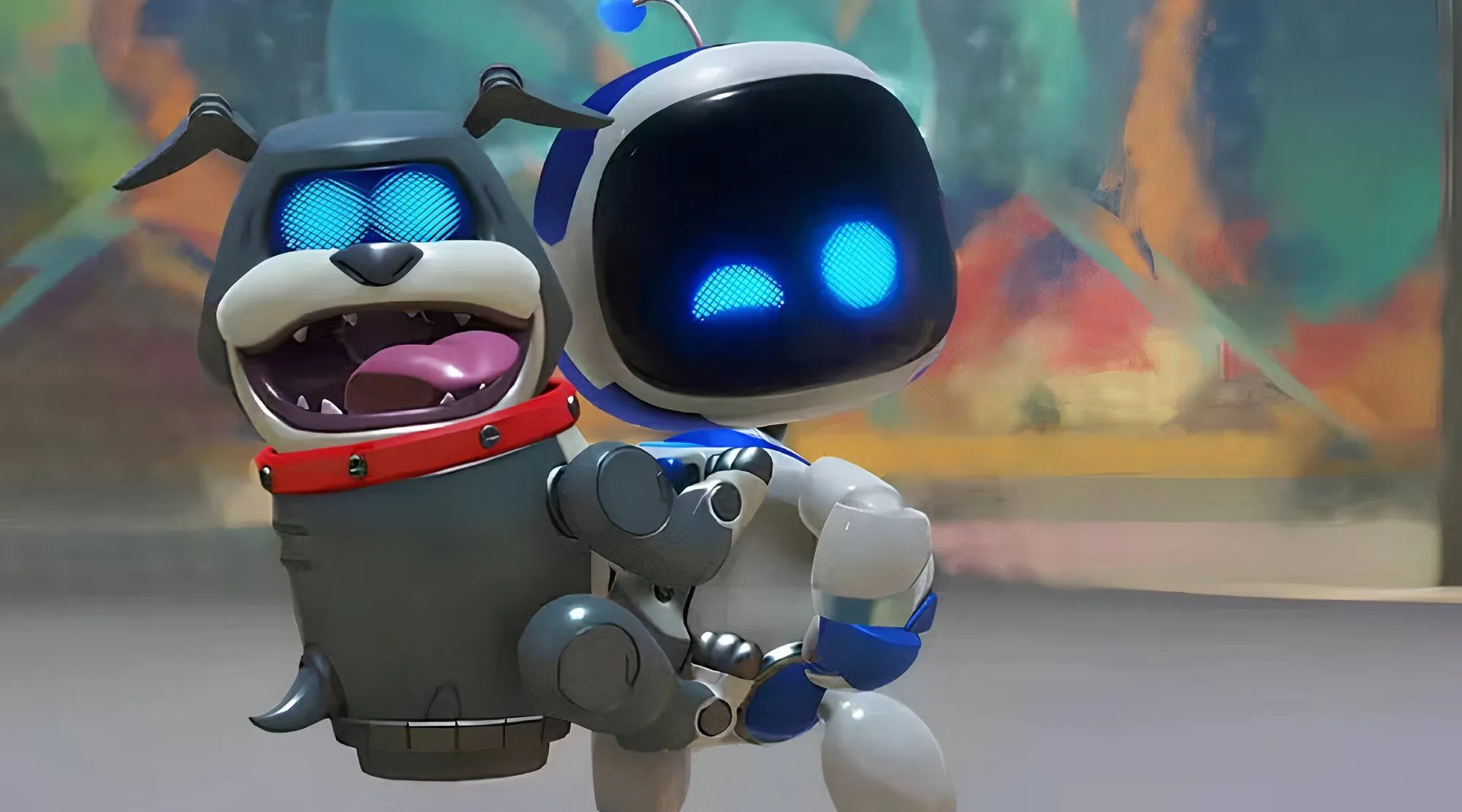 Nhân vật Astro Bot đứng giữa không gian công nghệ cao đầy màu sắc, thể hiện sự vui tươi của game.