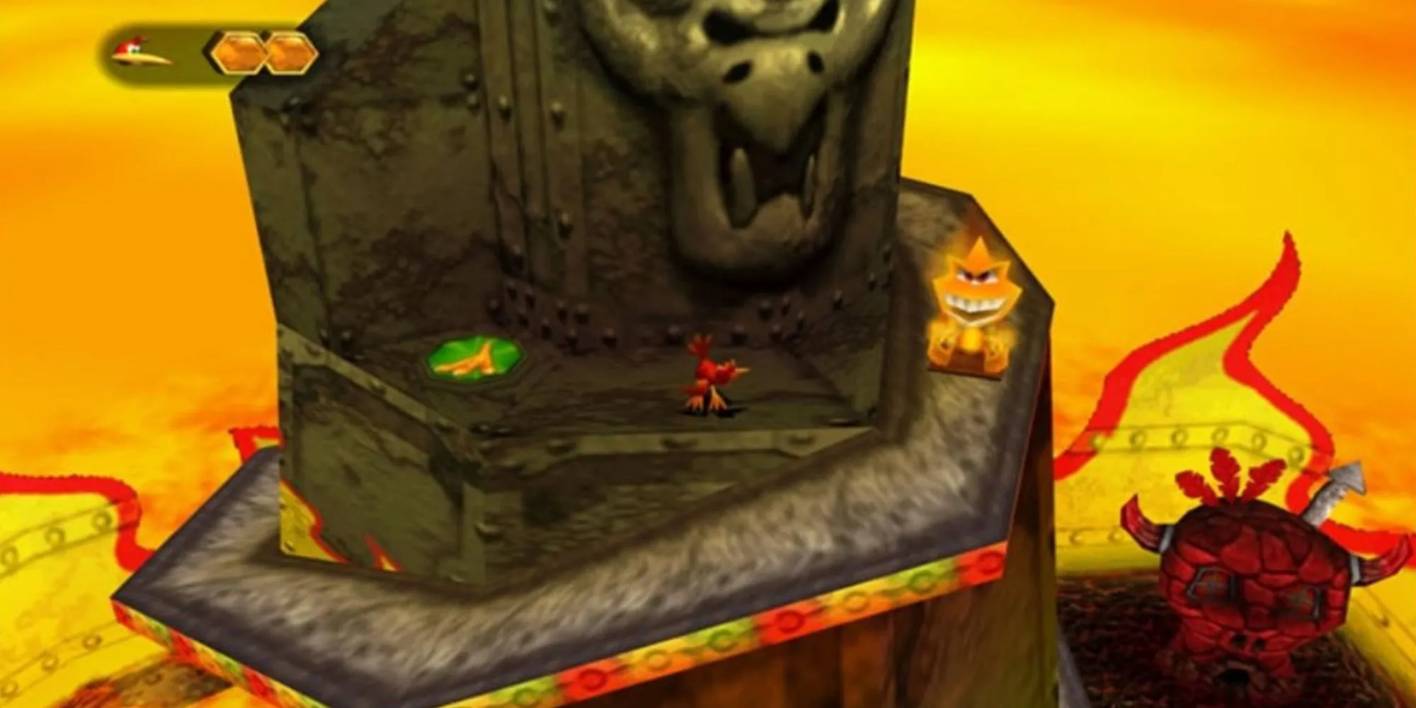 Nhân vật Banjo và Kazooie đứng trên một mỏm đá, phía sau là khung cảnh hùng vĩ trong game Banjo-Tooie