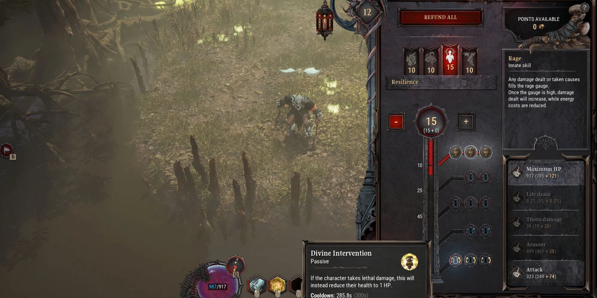 Nhân vật Barbarian trong Dragonkin The Banished đang xem xét các điểm kỹ năng của mình