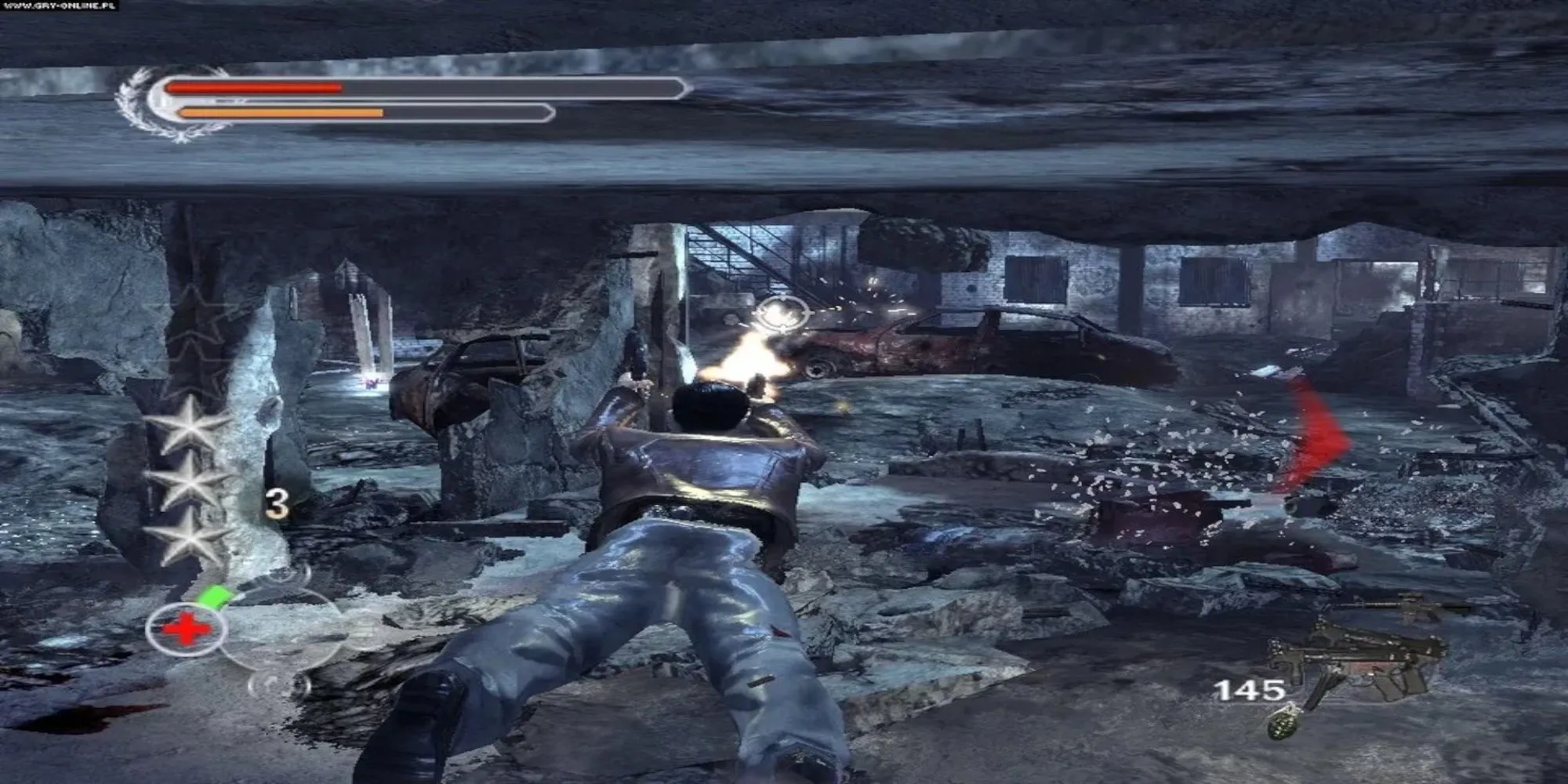 Nhân vật chính bắn súng và sử dụng môi trường tương tác trong game Stranglehold